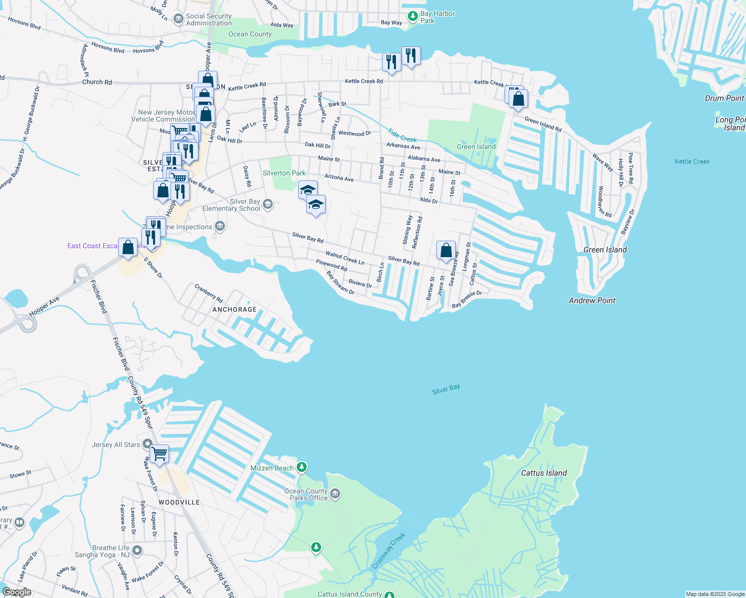 map of restaurants, bars, coffee shops, grocery stores, and more near 214 Bay Stream Drive in Toms River