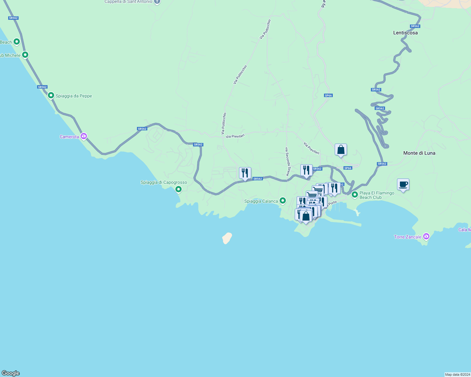 map of restaurants, bars, coffee shops, grocery stores, and more near 44 Via Sirene in Marina di Camerota