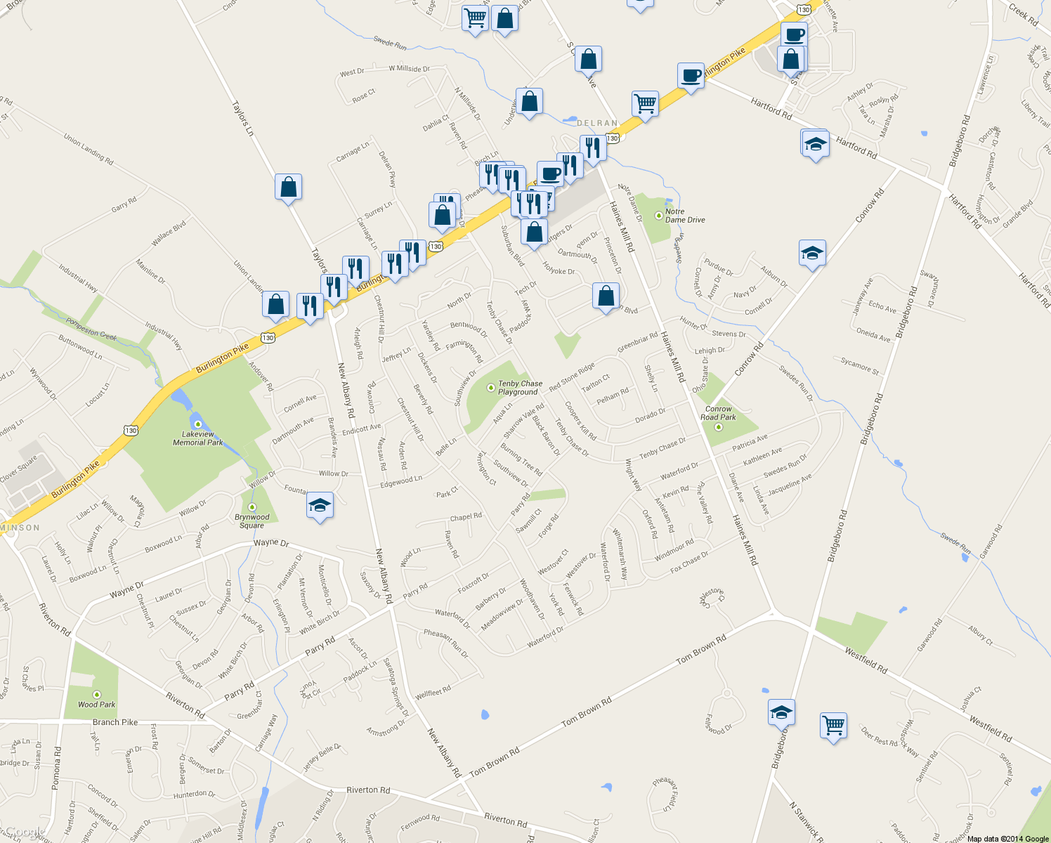 map of restaurants, bars, coffee shops, grocery stores, and more near 216 Sharrow Vale Rd in Delran
