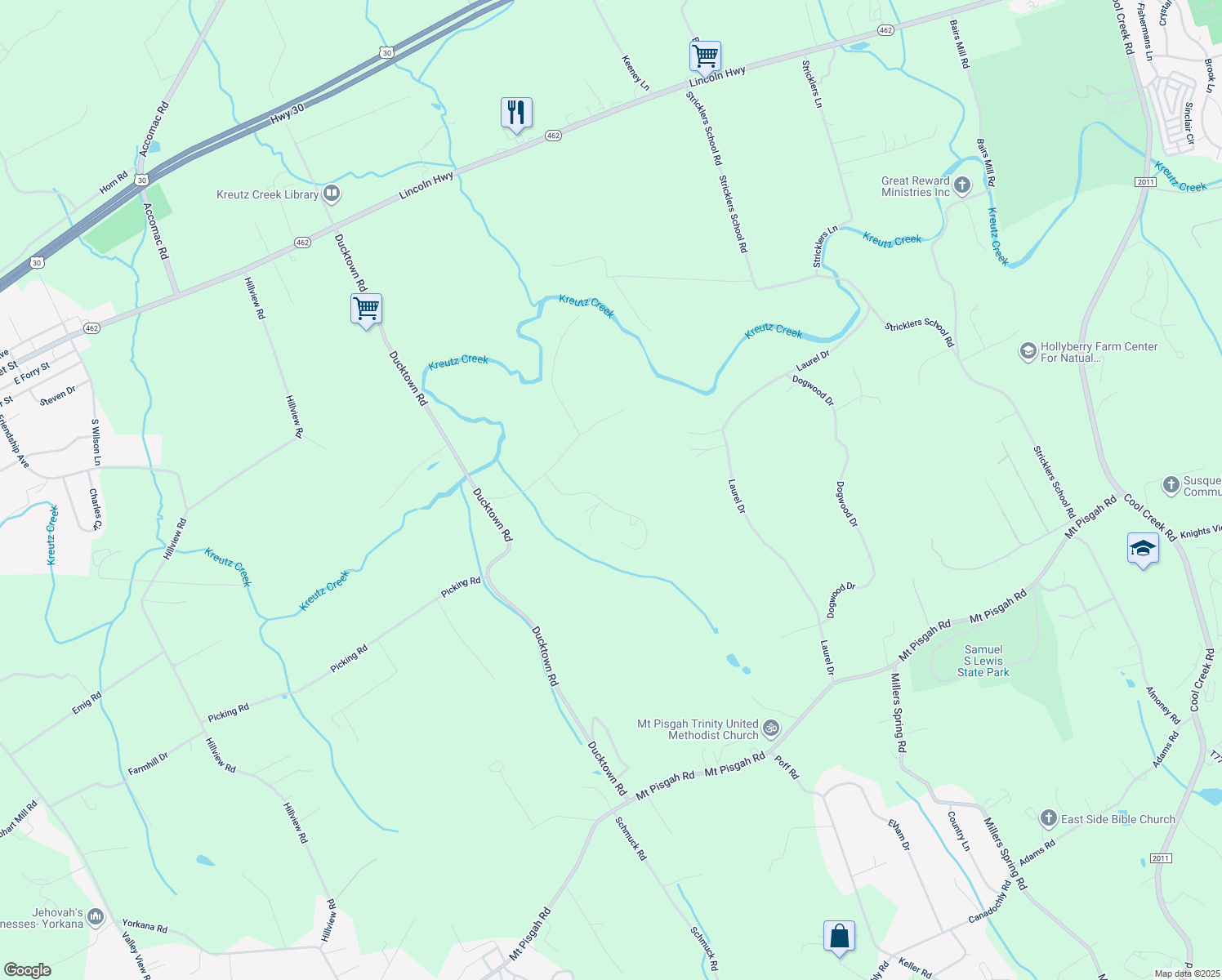 map of restaurants, bars, coffee shops, grocery stores, and more near 505 Carriage Lane in York
