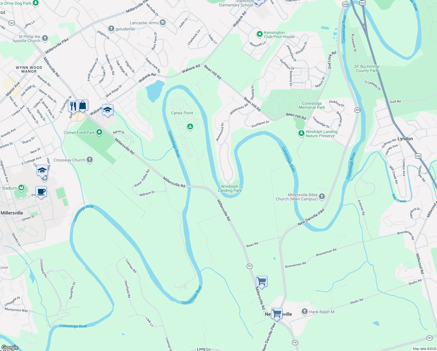 map of restaurants, bars, coffee shops, grocery stores, and more near 1861 Wilderness Road in Lancaster