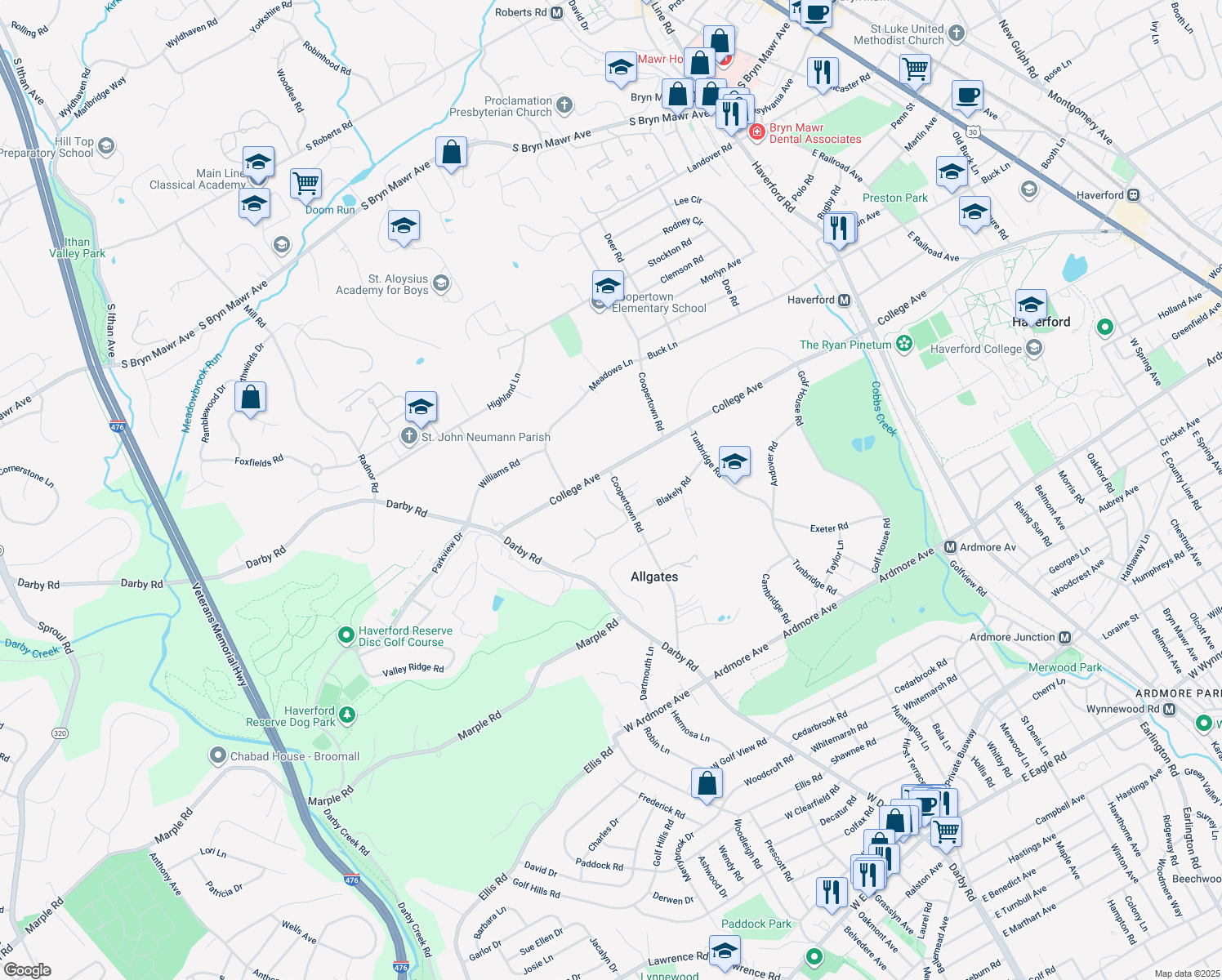 map of restaurants, bars, coffee shops, grocery stores, and more near 21 Caenarvon Lane in Haverford