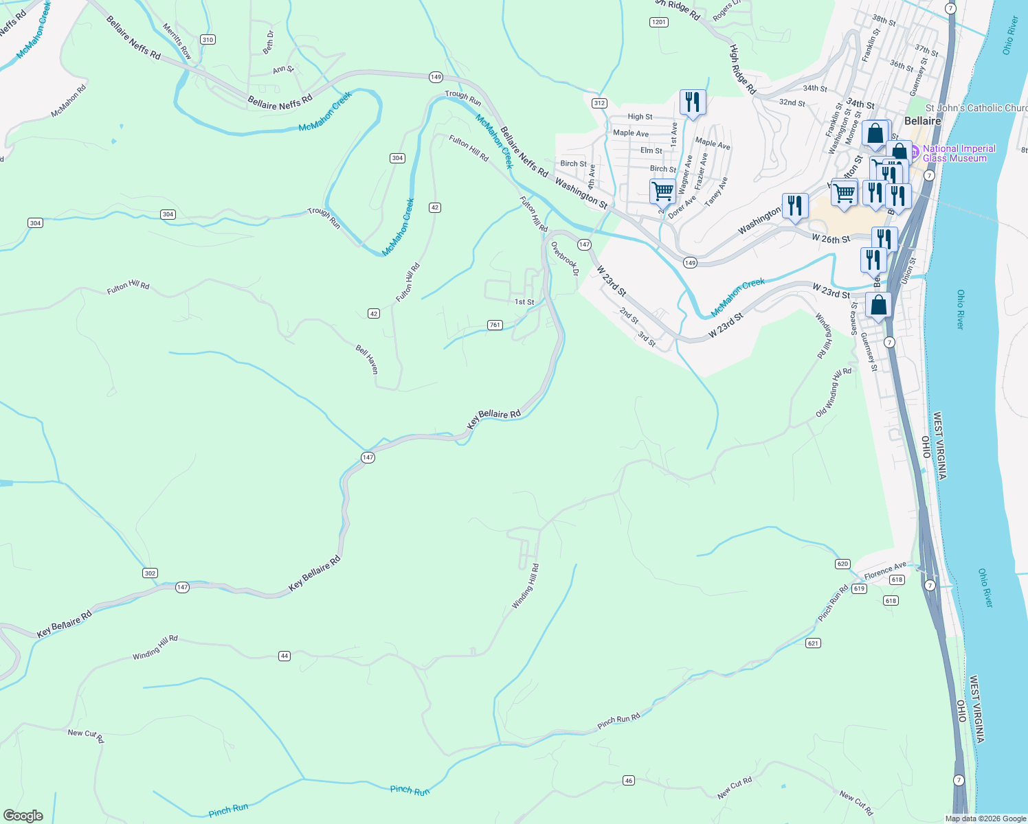 map of restaurants, bars, coffee shops, grocery stores, and more near 56268 Key Bellaire Road in Bellaire