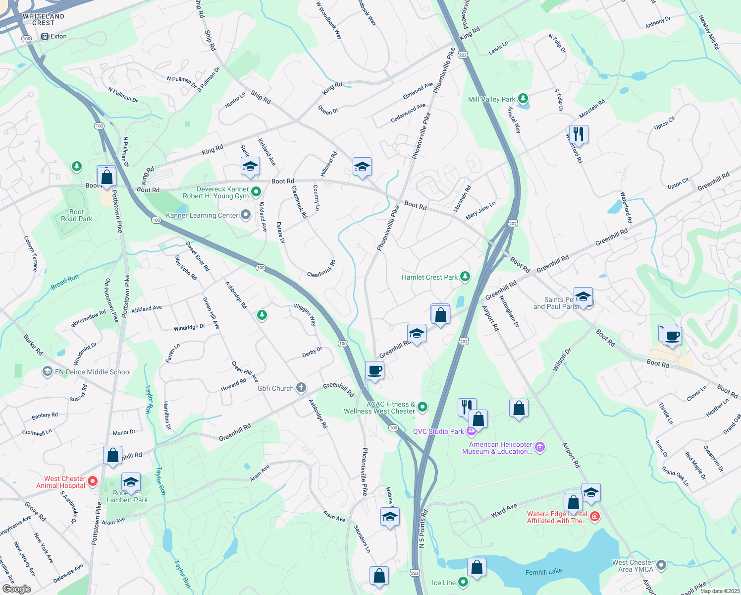 map of restaurants, bars, coffee shops, grocery stores, and more near 1225 Phoenixville Pike in West Chester