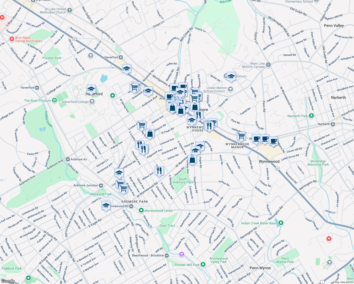 map of restaurants, bars, coffee shops, grocery stores, and more near 214 East Athens Avenue in Ardmore