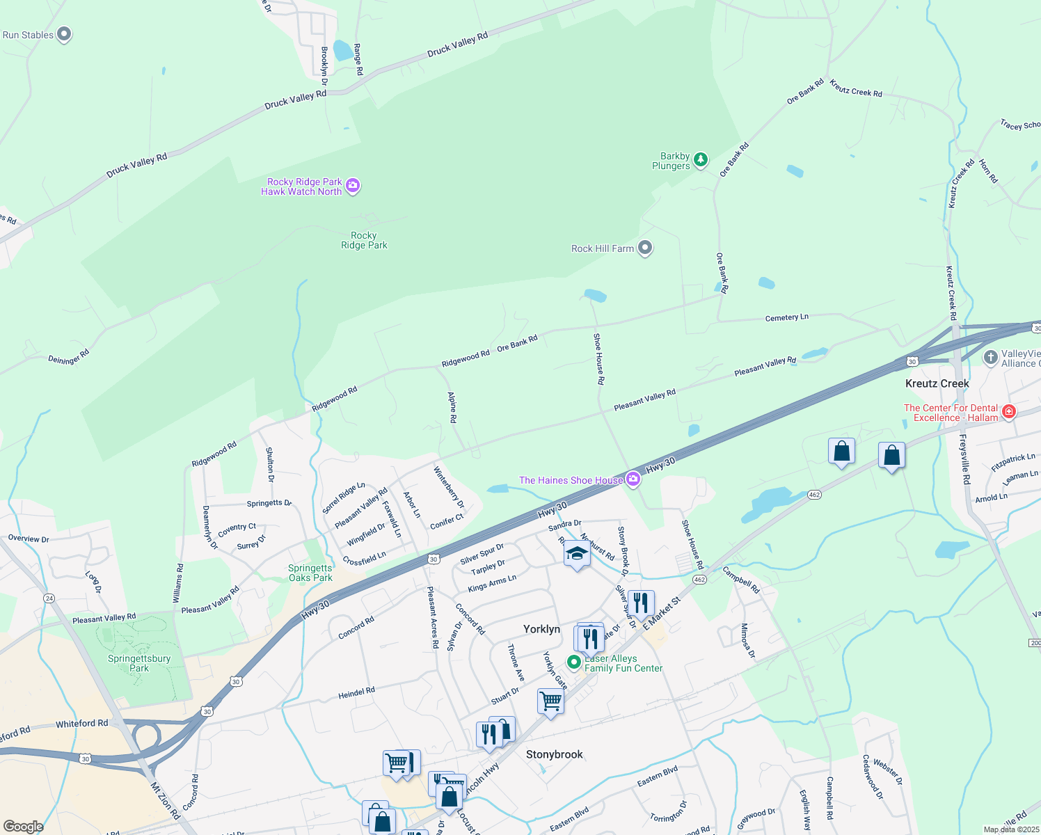 map of restaurants, bars, coffee shops, grocery stores, and more near 4285 Pleasant Valley Road in York