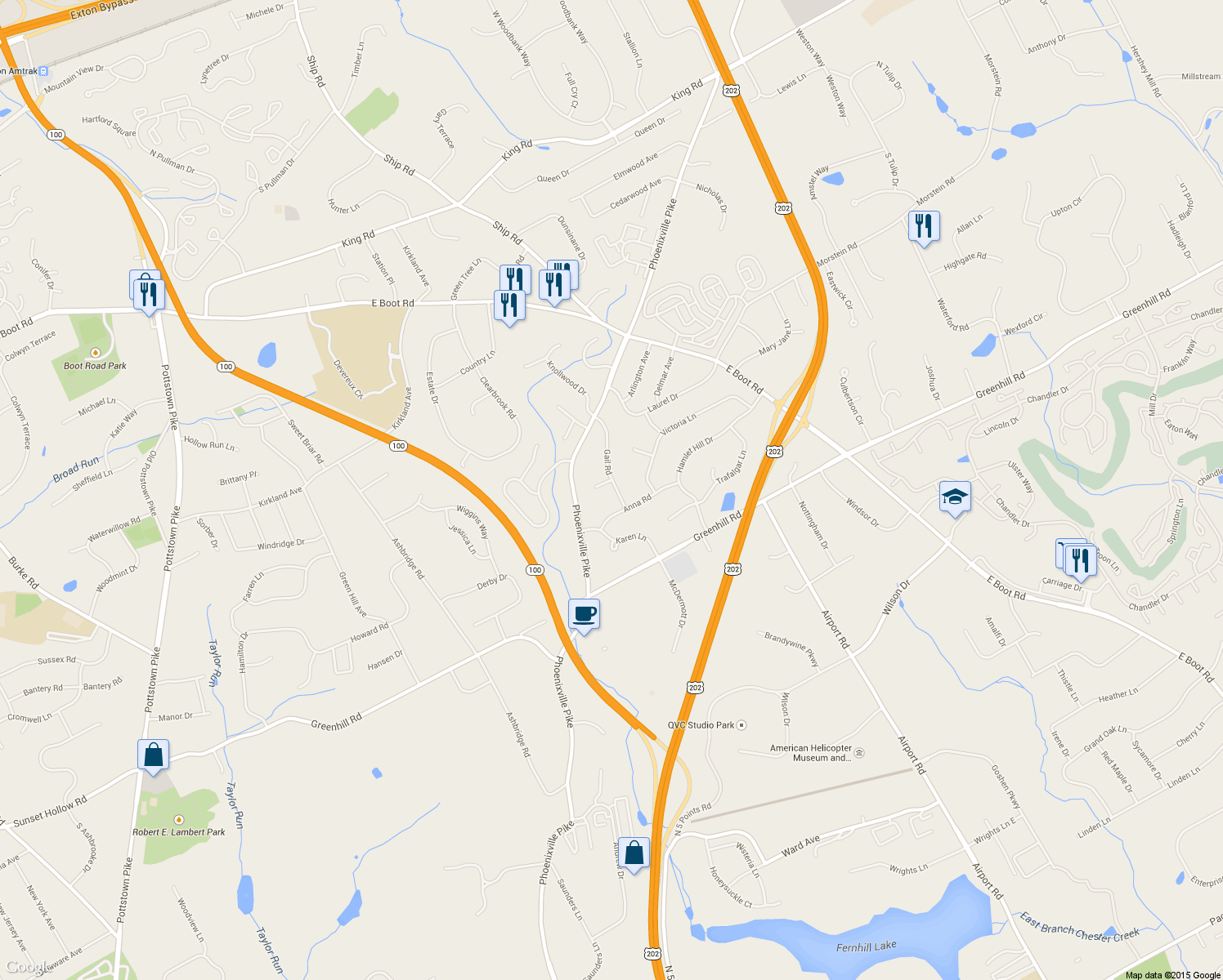 map of restaurants, bars, coffee shops, grocery stores, and more near 1212 Gail Road in West Chester