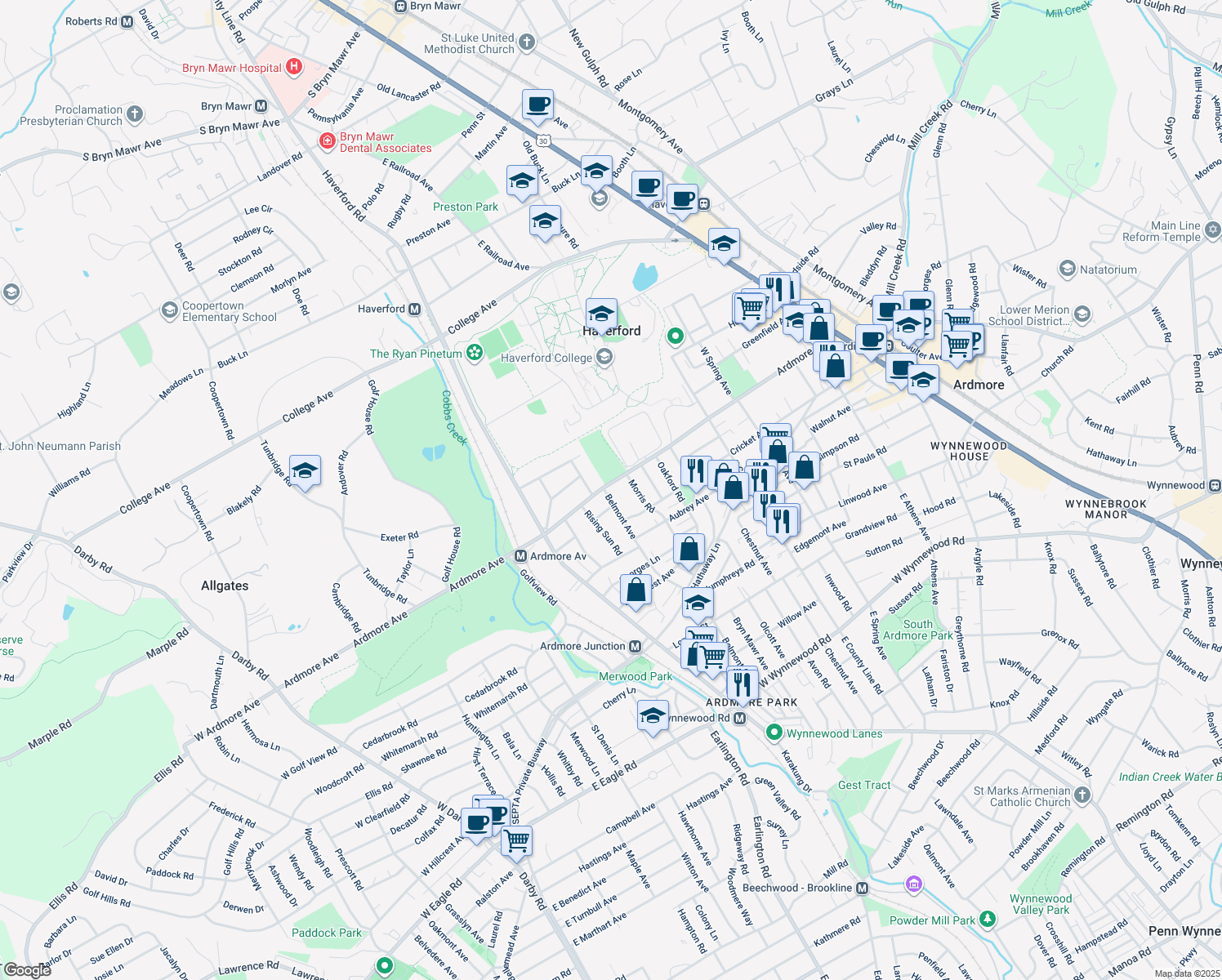 map of restaurants, bars, coffee shops, grocery stores, and more near 665 Ardmore Avenue in Ardmore