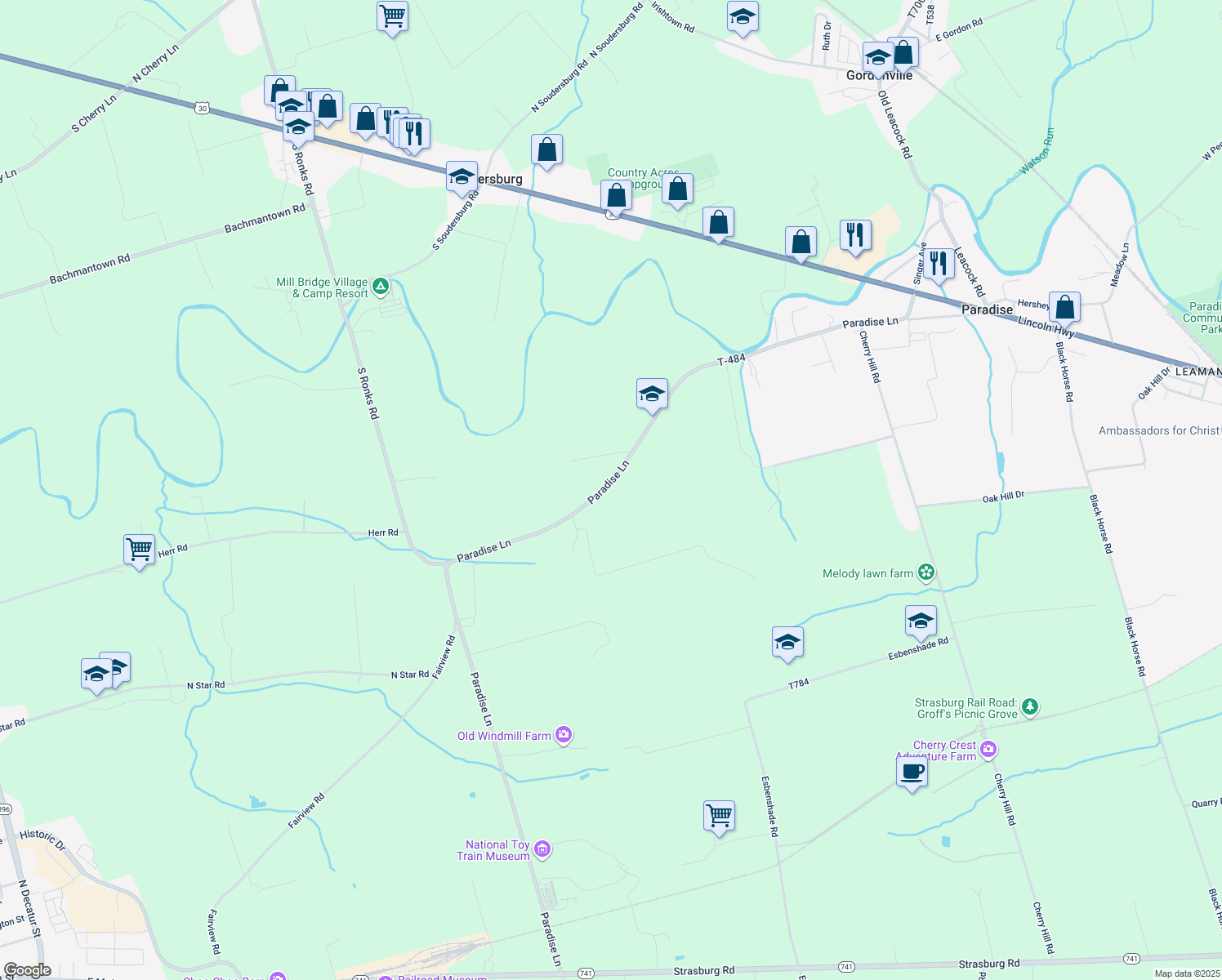 map of restaurants, bars, coffee shops, grocery stores, and more near 148 Paradise Lane in Ronks