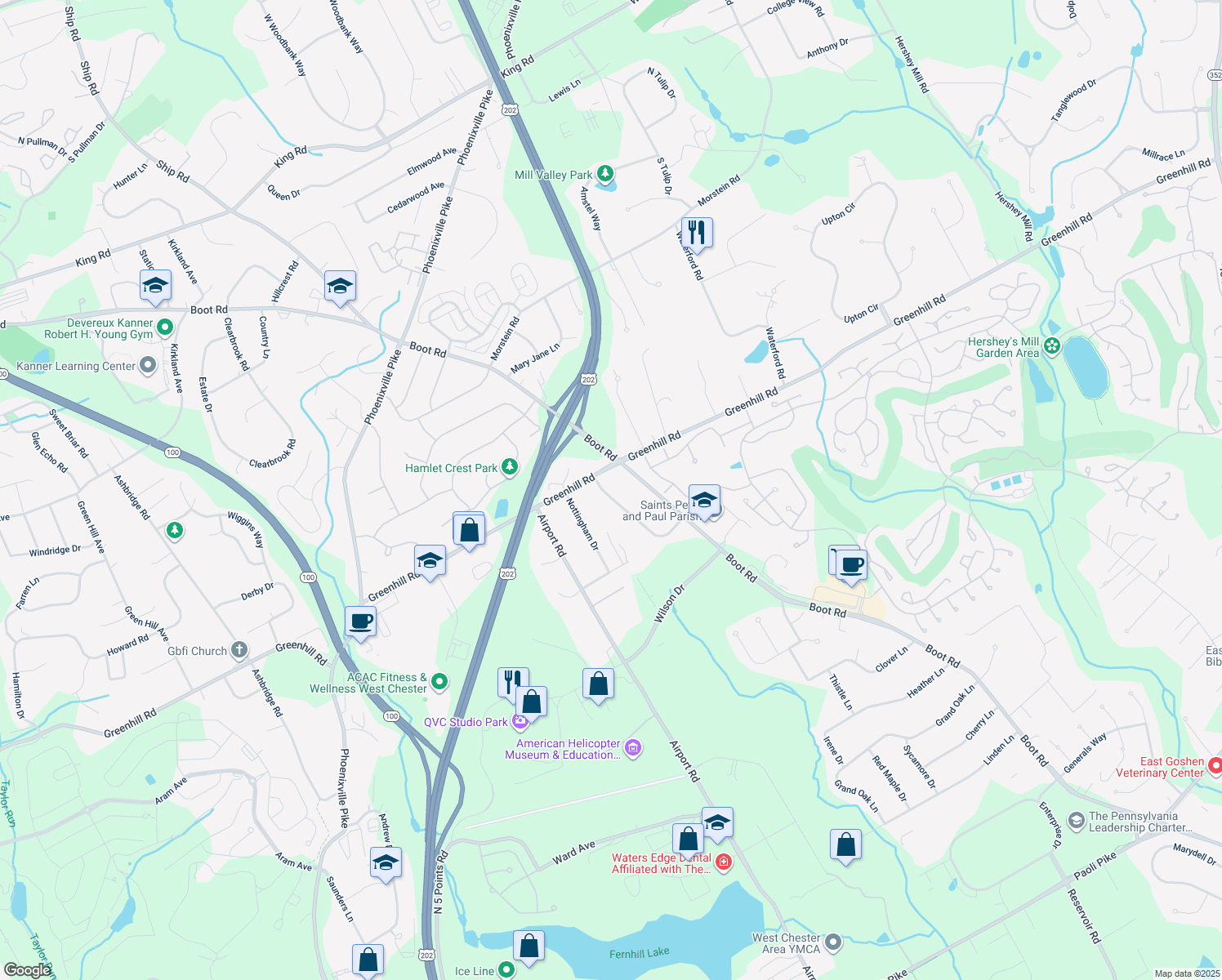 map of restaurants, bars, coffee shops, grocery stores, and more near 1133 Windsor Drive in West Chester