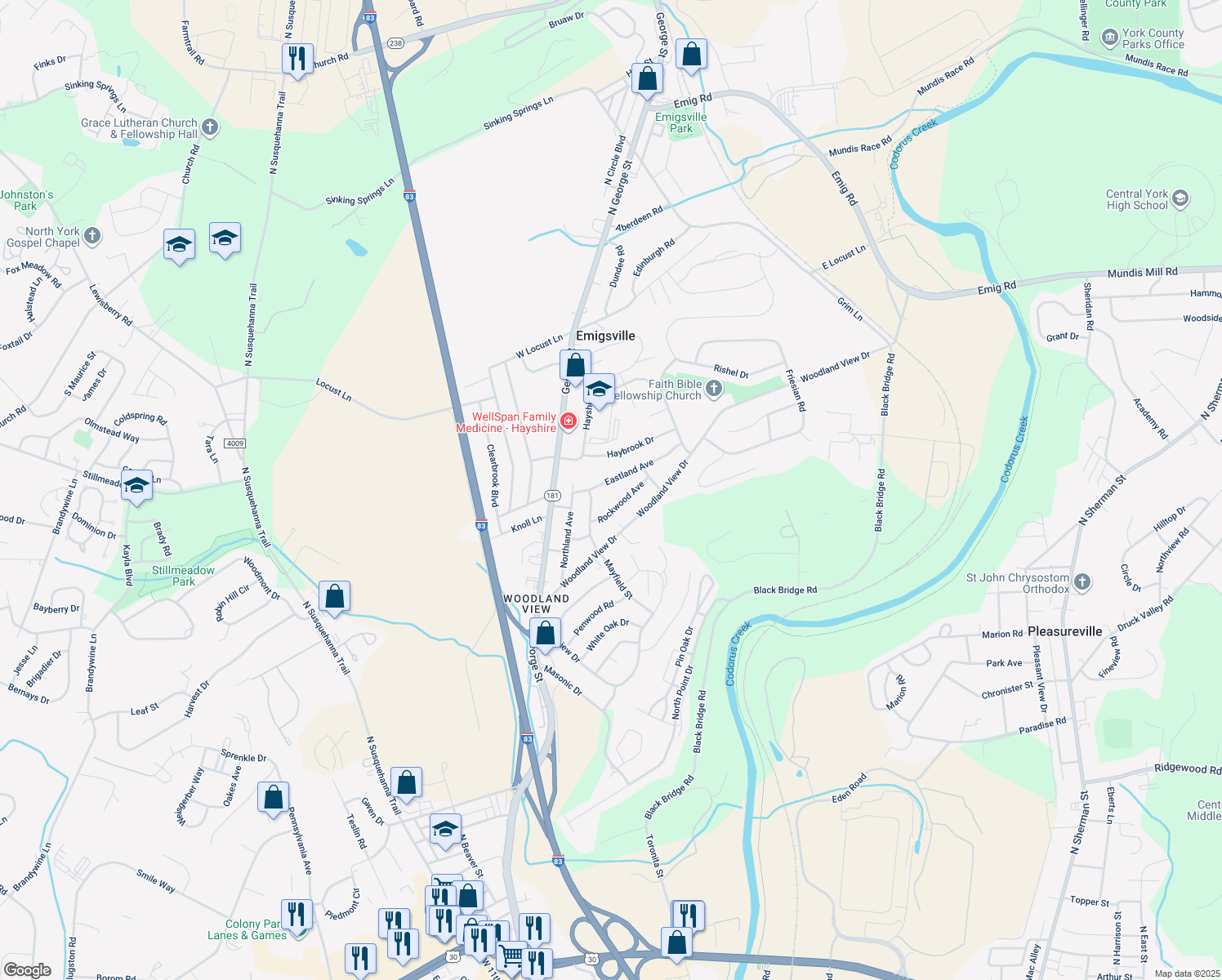 map of restaurants, bars, coffee shops, grocery stores, and more near 158 Eastland Avenue in York