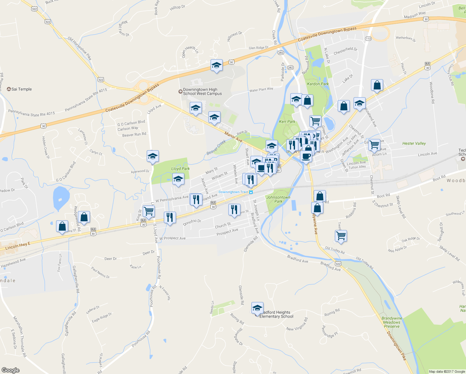map of restaurants, bars, coffee shops, grocery stores, and more near 249 Highland Avenue in Downingtown