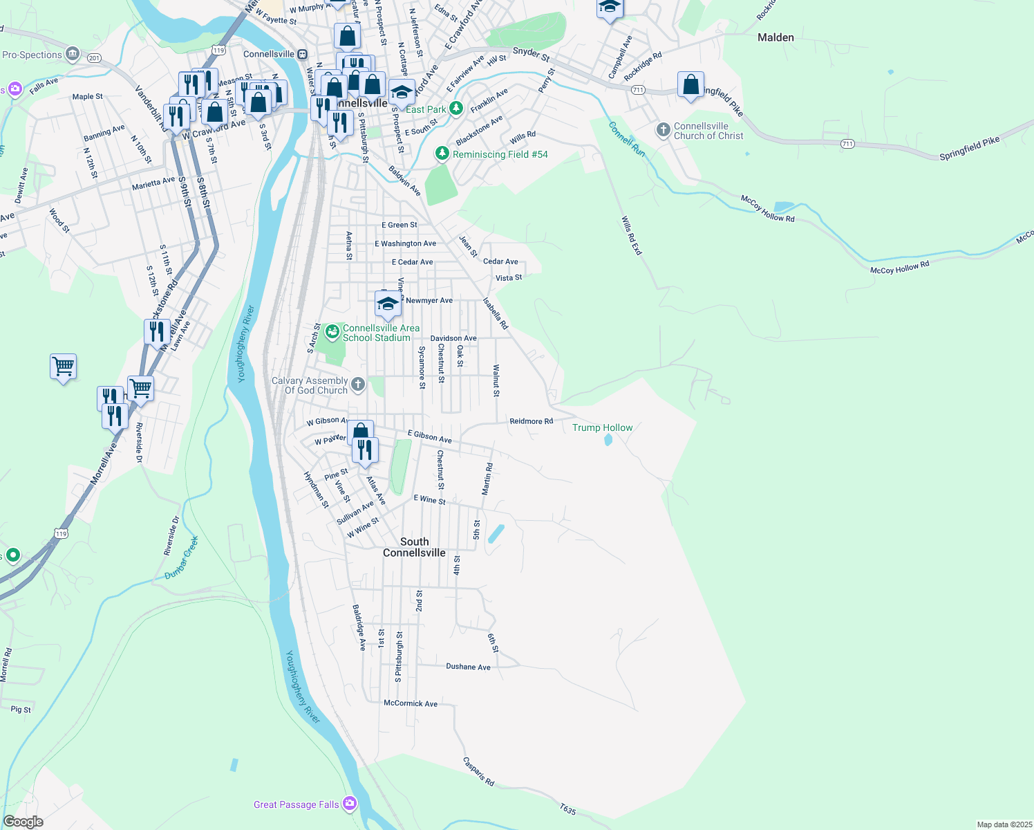 map of restaurants, bars, coffee shops, grocery stores, and more near 438 Reidmore Rd in South Connellsville