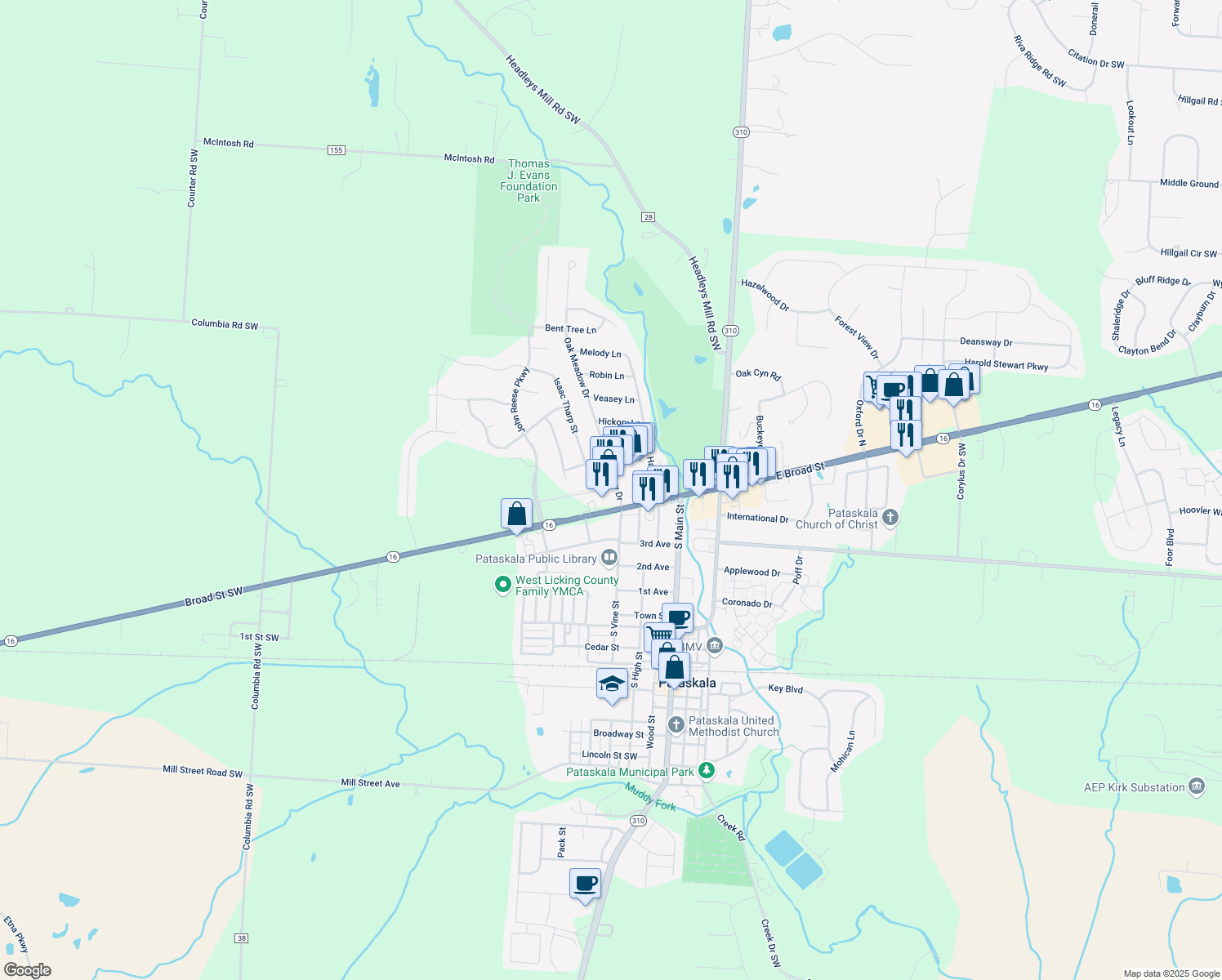 map of restaurants, bars, coffee shops, grocery stores, and more near 75 Oak Meadow Drive in Pataskala