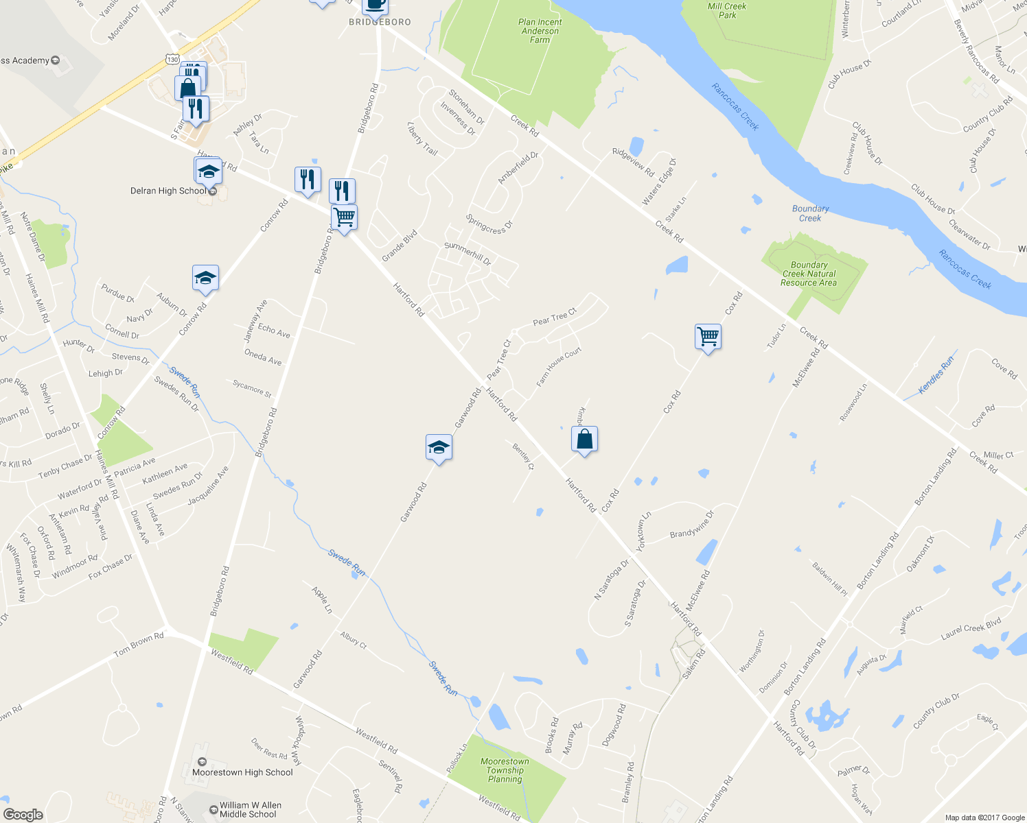 map of restaurants, bars, coffee shops, grocery stores, and more near 704 Walton Court in Moorestown