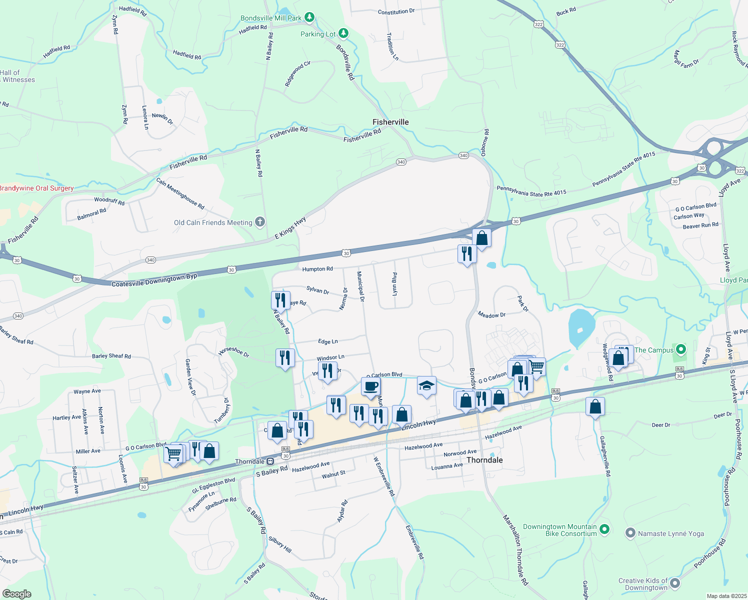 map of restaurants, bars, coffee shops, grocery stores, and more near 7 Williams Way in Downingtown