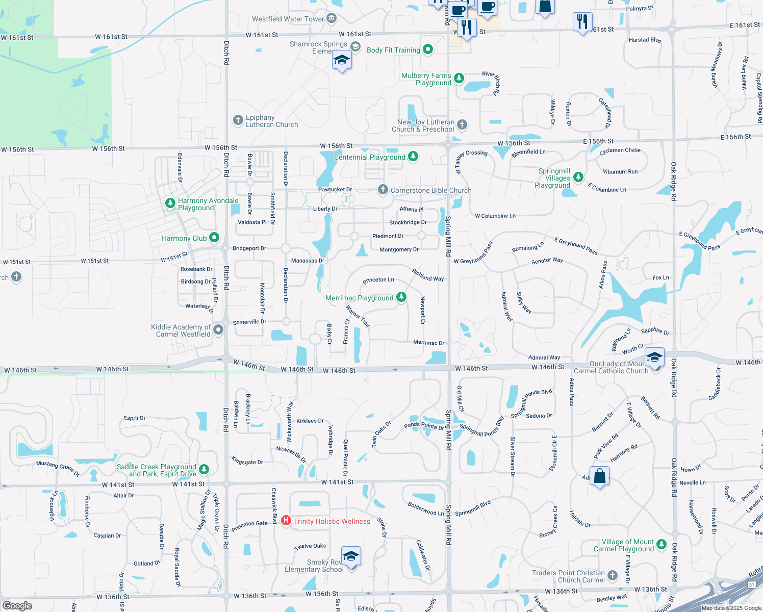 map of restaurants, bars, coffee shops, grocery stores, and more near 14842 Jonathan Drive in Westfield