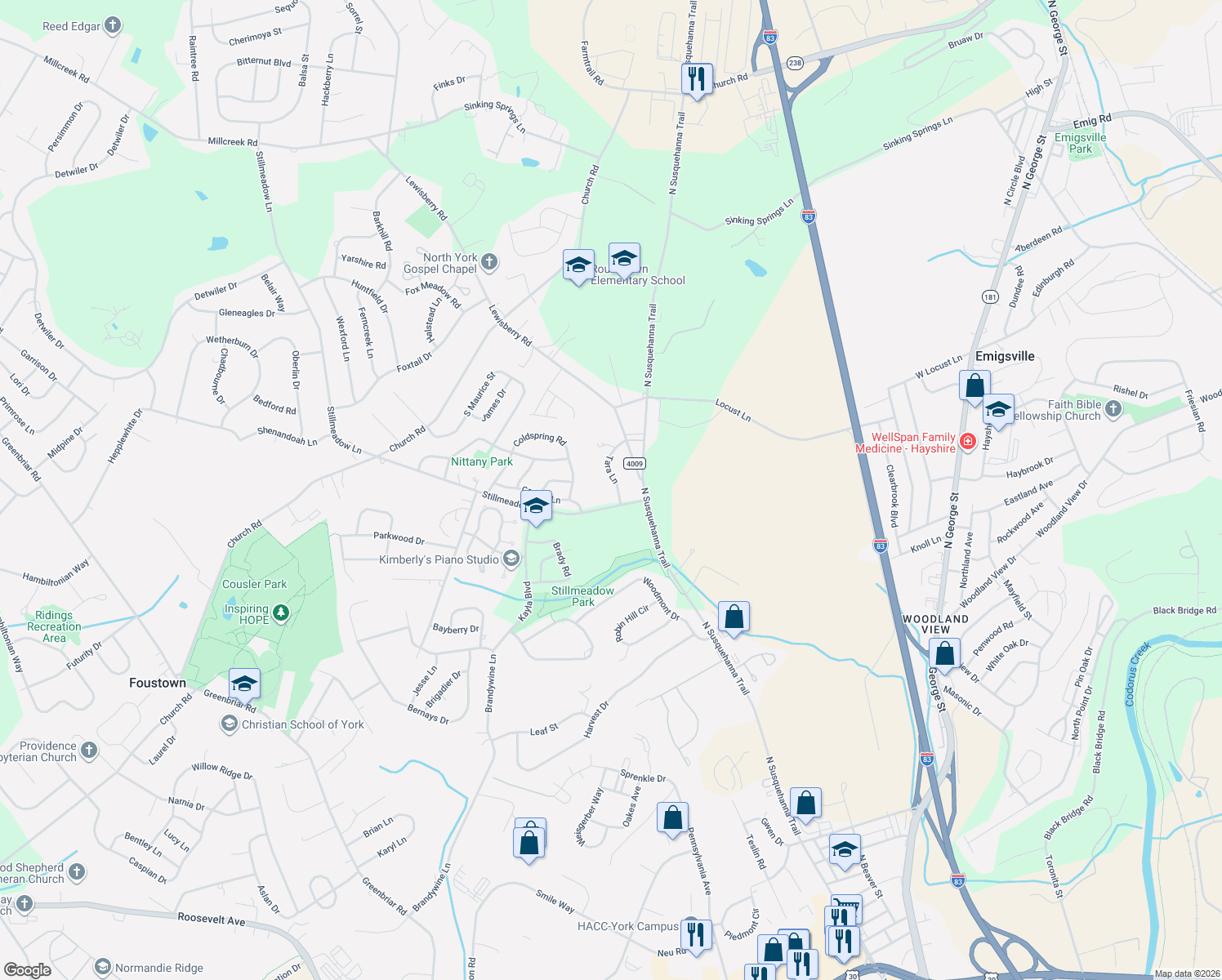 map of restaurants, bars, coffee shops, grocery stores, and more near 2520 Tara Lane in York