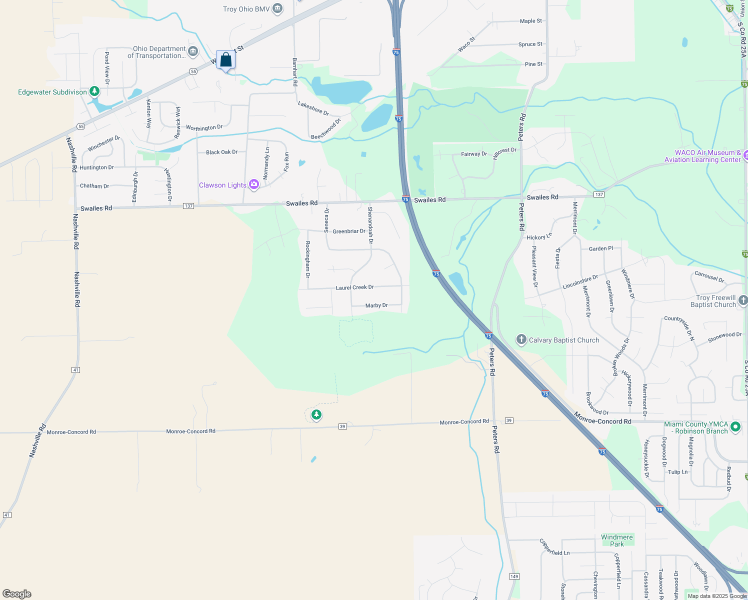 map of restaurants, bars, coffee shops, grocery stores, and more near 1685 Marby Drive in Troy
