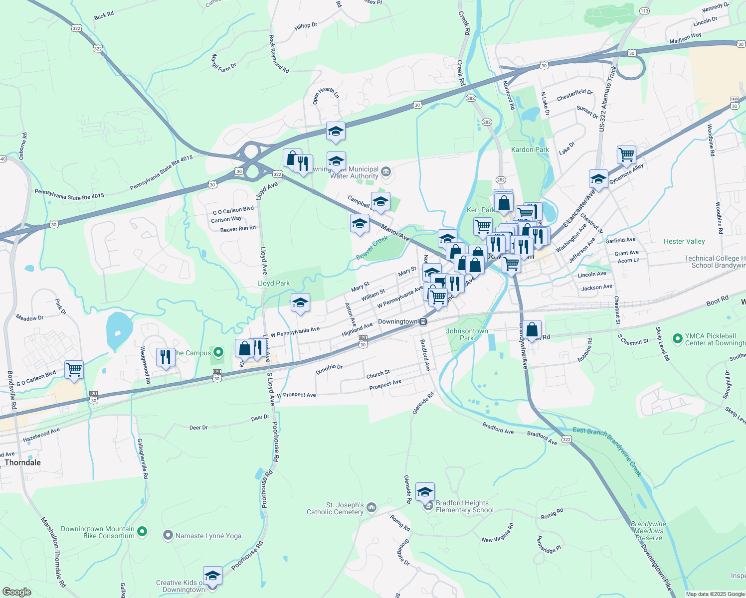 map of restaurants, bars, coffee shops, grocery stores, and more near 223 Hunt Avenue in Downingtown