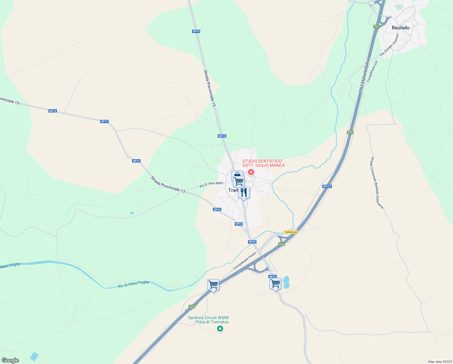 map of restaurants, bars, coffee shops, grocery stores, and more near 40 Via Giuseppe Mazzini in Tramatza