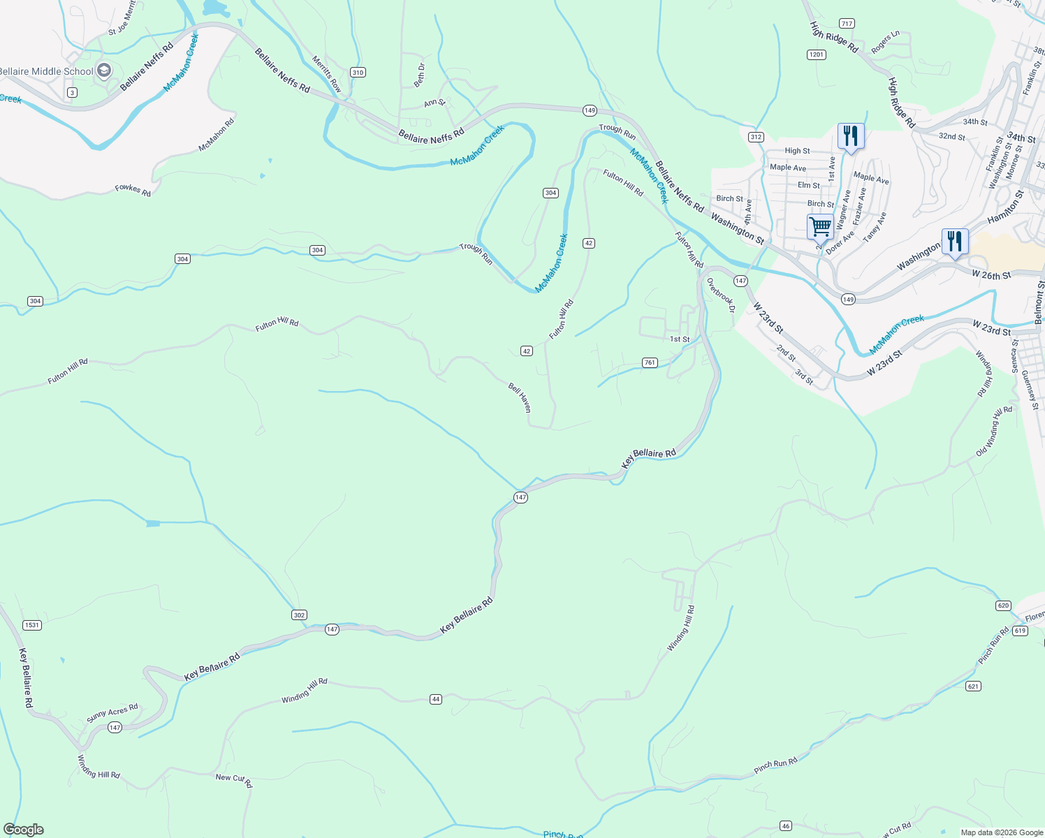 map of restaurants, bars, coffee shops, grocery stores, and more near 55688 Bell Haven in Bellaire