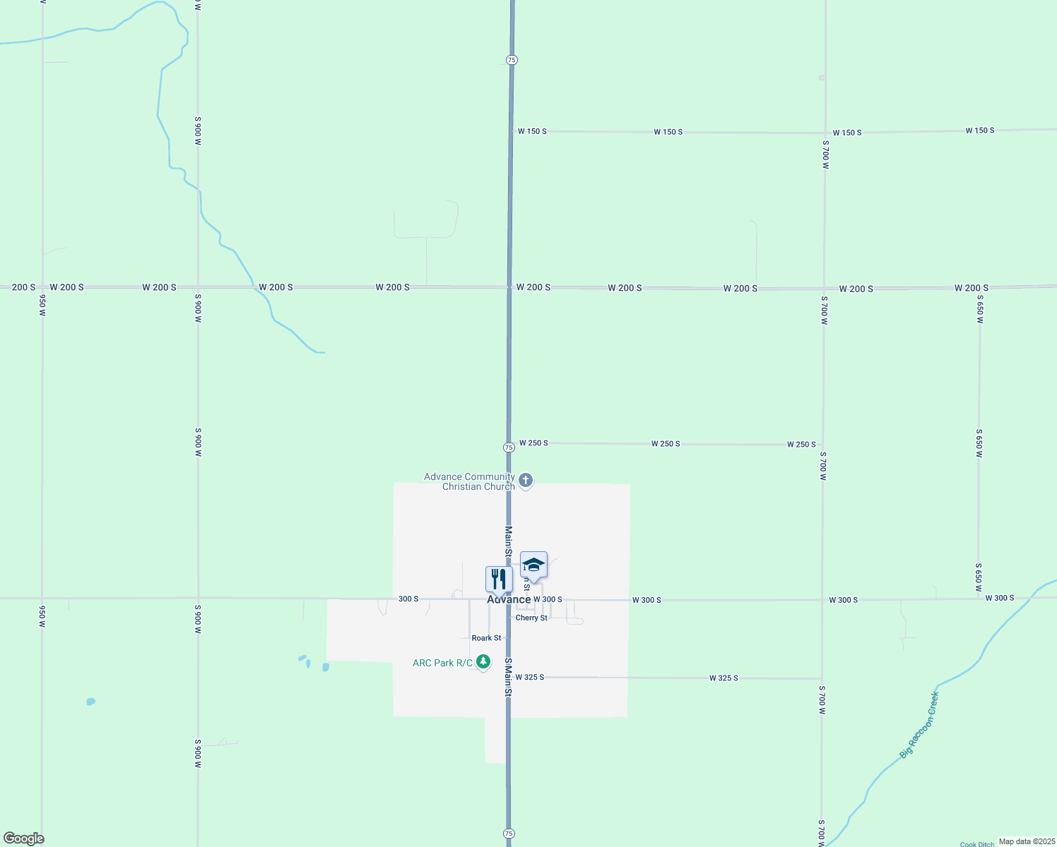 map of restaurants, bars, coffee shops, grocery stores, and more near 7944 West 250 South in Jamestown