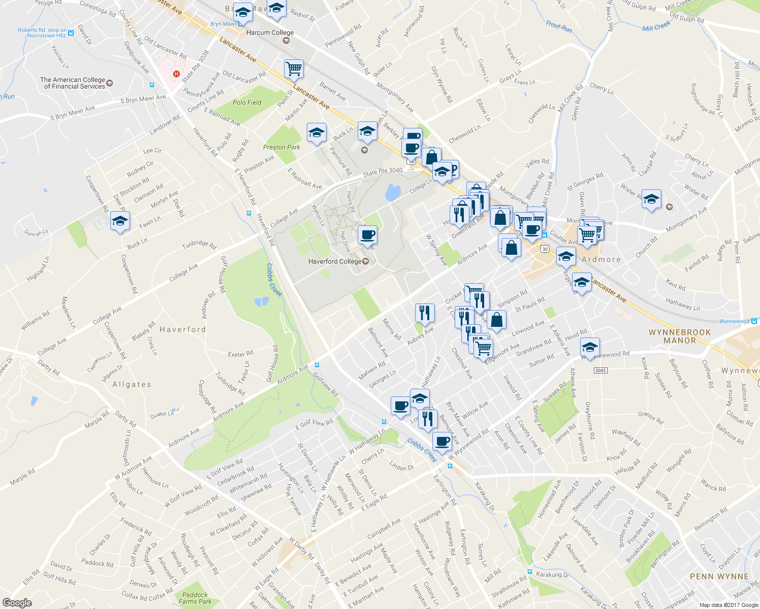 map of restaurants, bars, coffee shops, grocery stores, and more near 124 Village Chatham in Ardmore