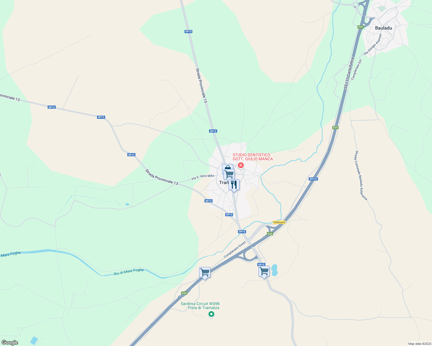 map of restaurants, bars, coffee shops, grocery stores, and more near 40 Via Giuseppe Mazzini in Tramatza