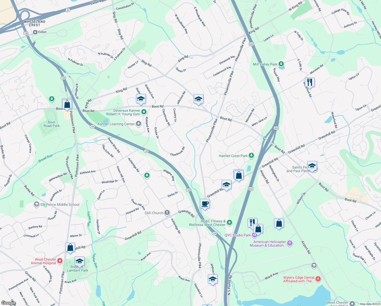 map of restaurants, bars, coffee shops, grocery stores, and more near 1218 Rockwood Drive in West Chester