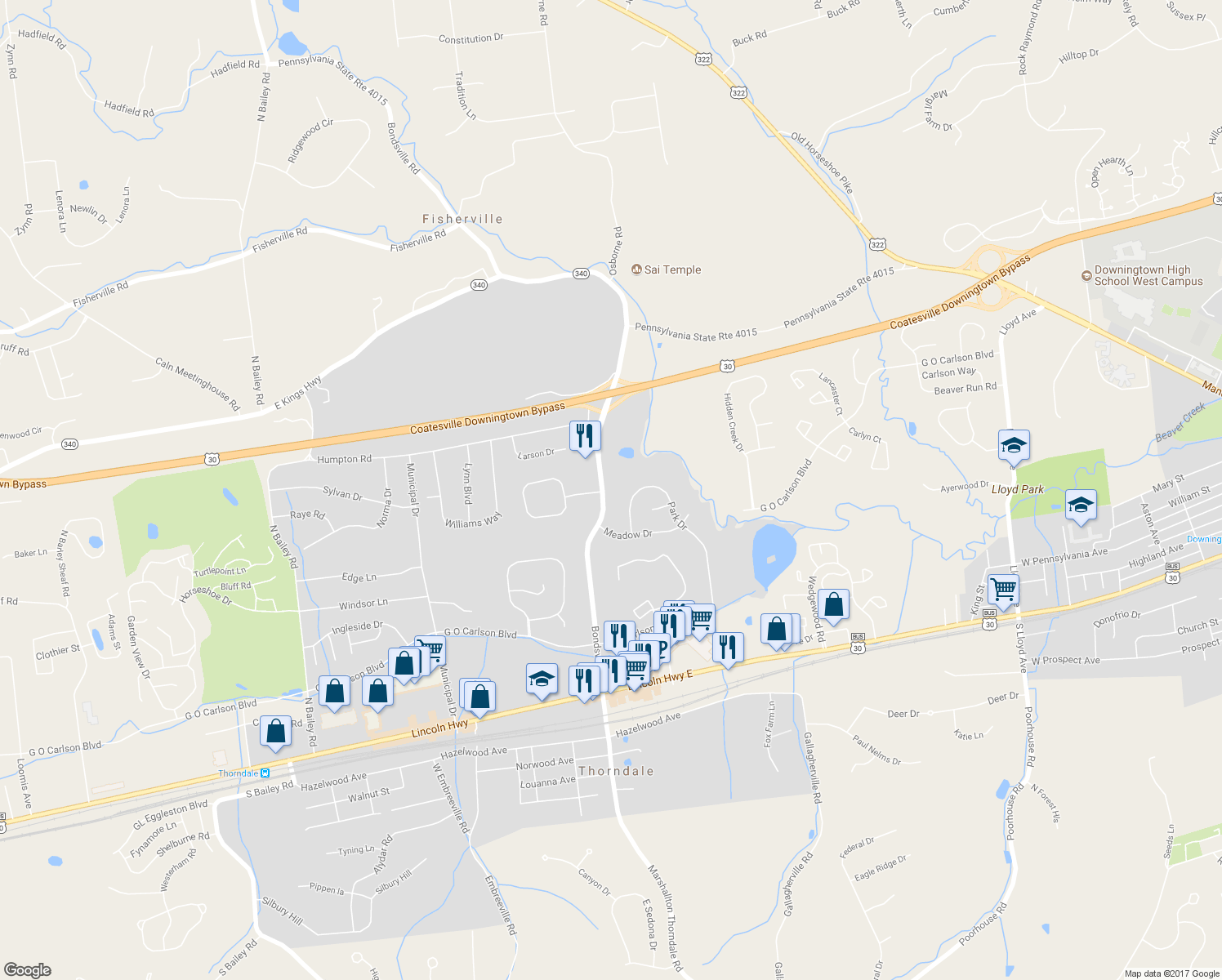 map of restaurants, bars, coffee shops, grocery stores, and more near 401 Bondsville Road in Downingtown
