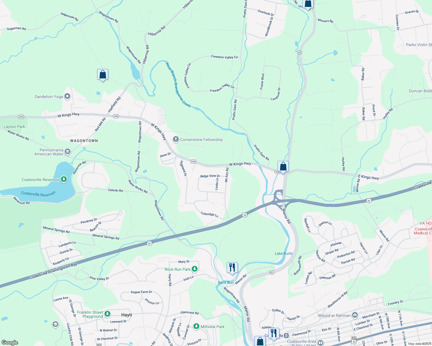 map of restaurants, bars, coffee shops, grocery stores, and more near 64 Ridge View Drive in Coatesville