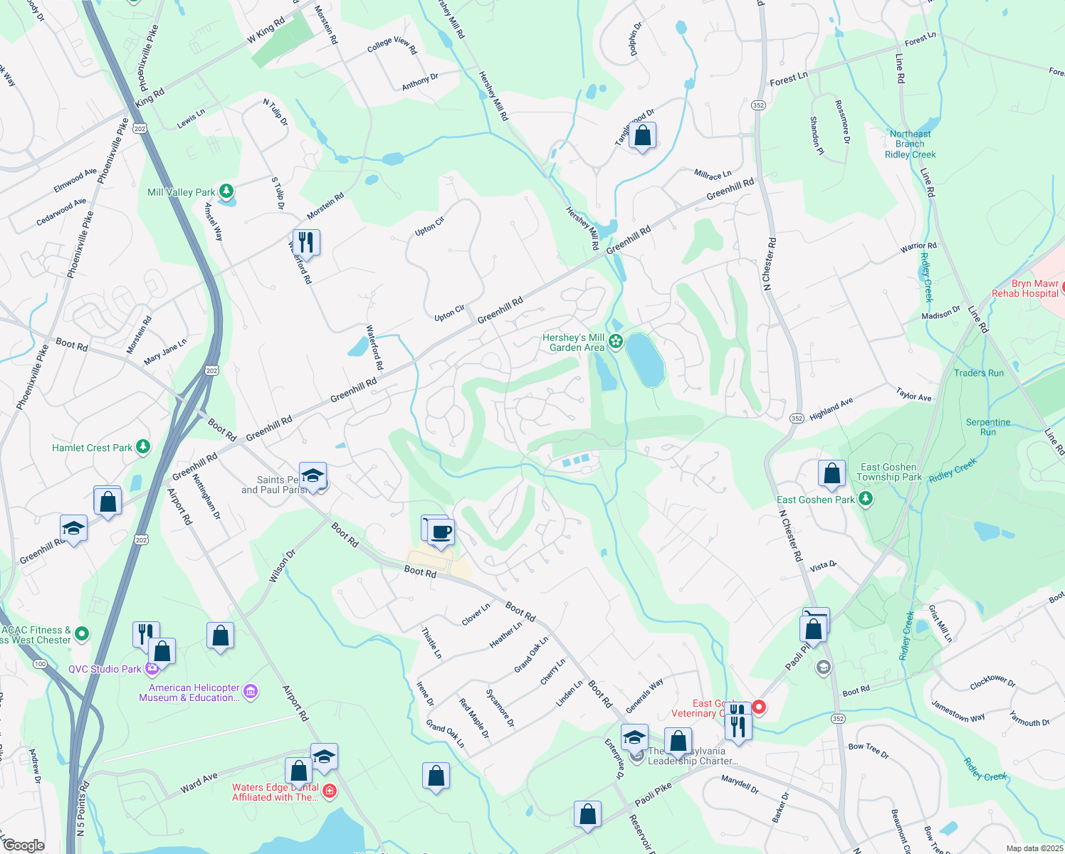 map of restaurants, bars, coffee shops, grocery stores, and more near 484 Eaton Way in West Chester