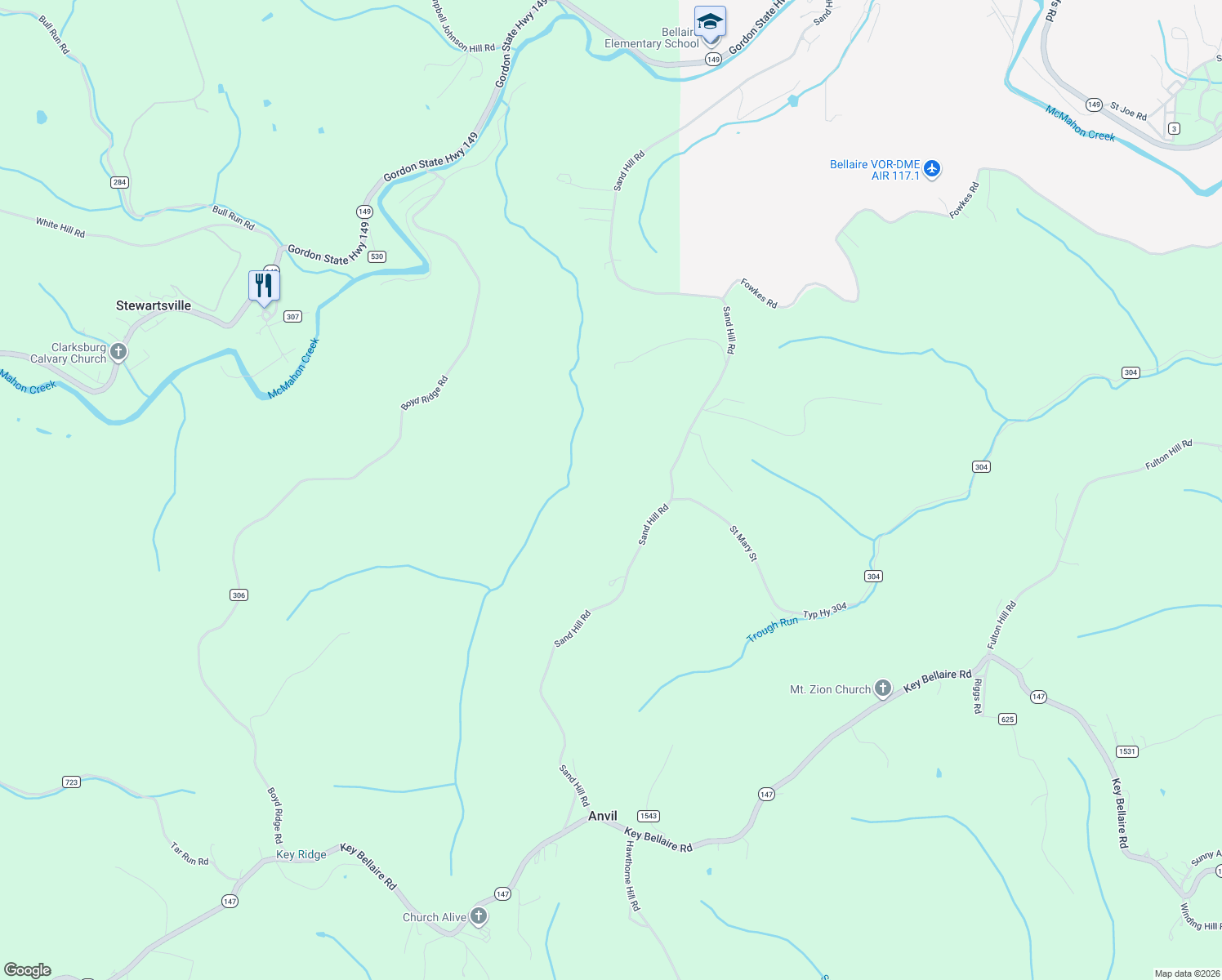 map of restaurants, bars, coffee shops, grocery stores, and more near 63405 Sand Hill Road in Bellaire