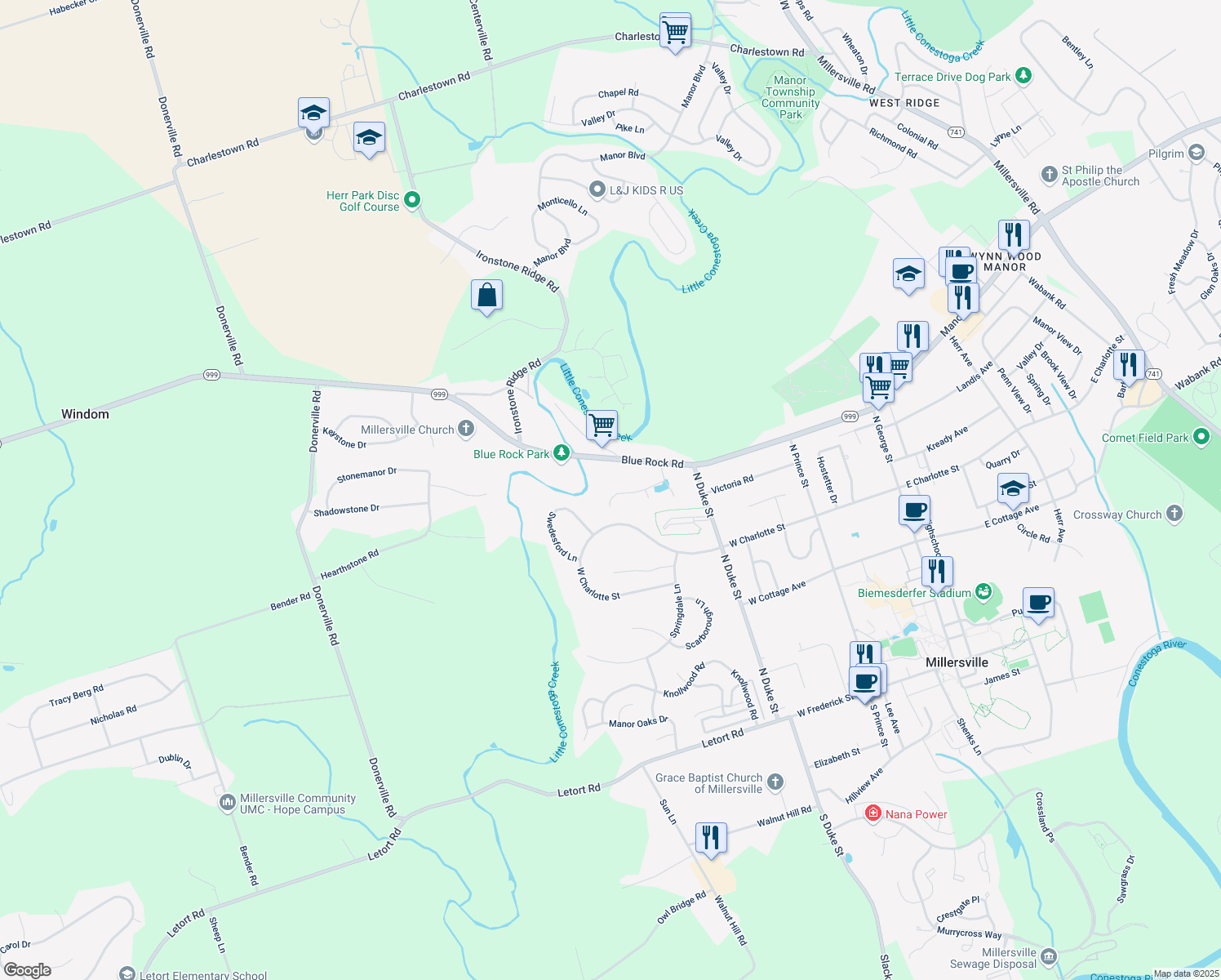 map of restaurants, bars, coffee shops, grocery stores, and more near 35 Sunrise Terrace in Millersville