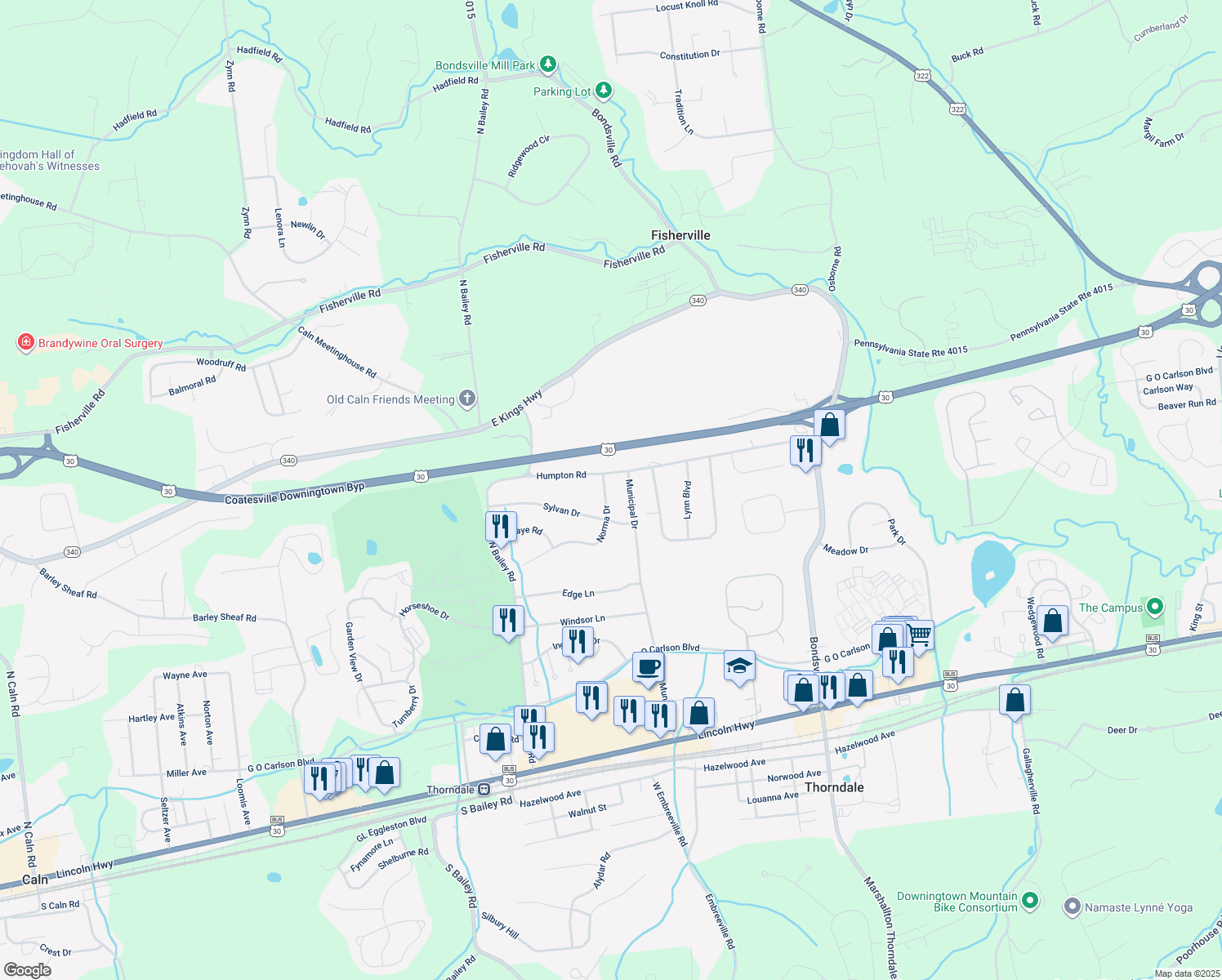 map of restaurants, bars, coffee shops, grocery stores, and more near 607 Norma Drive in Thorndale