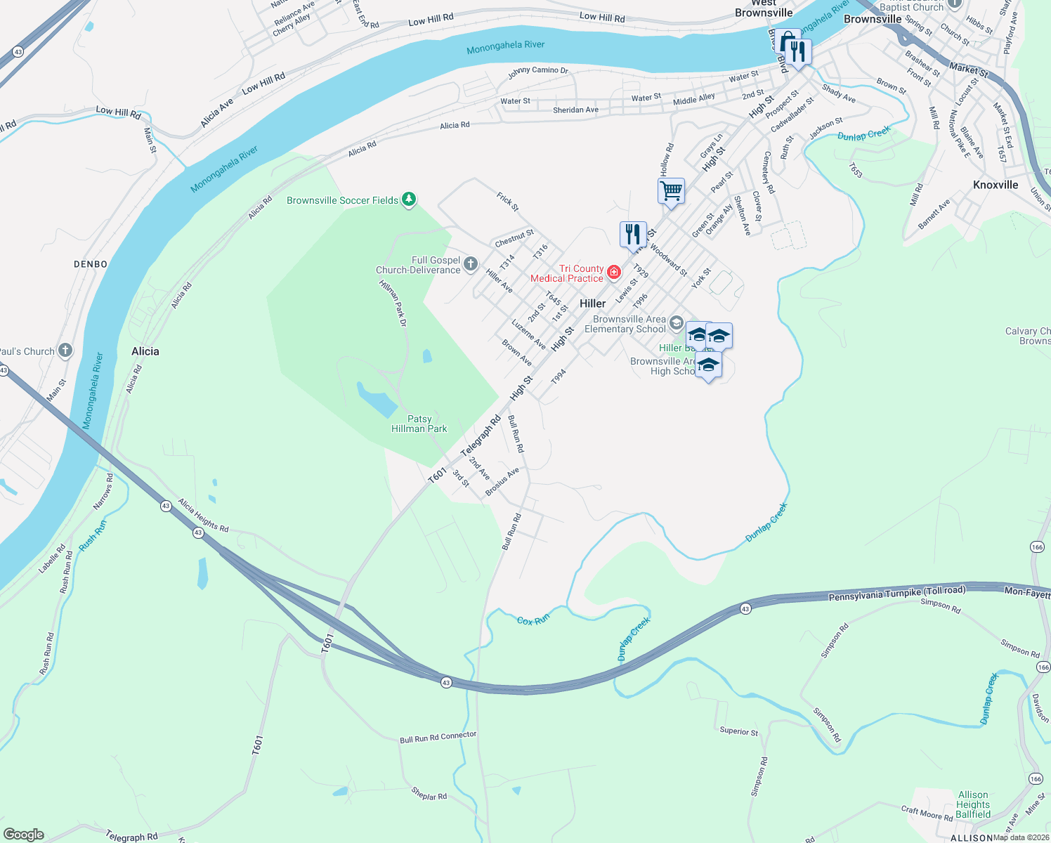 map of restaurants, bars, coffee shops, grocery stores, and more near 109 Bull Run Rd in Brownsville