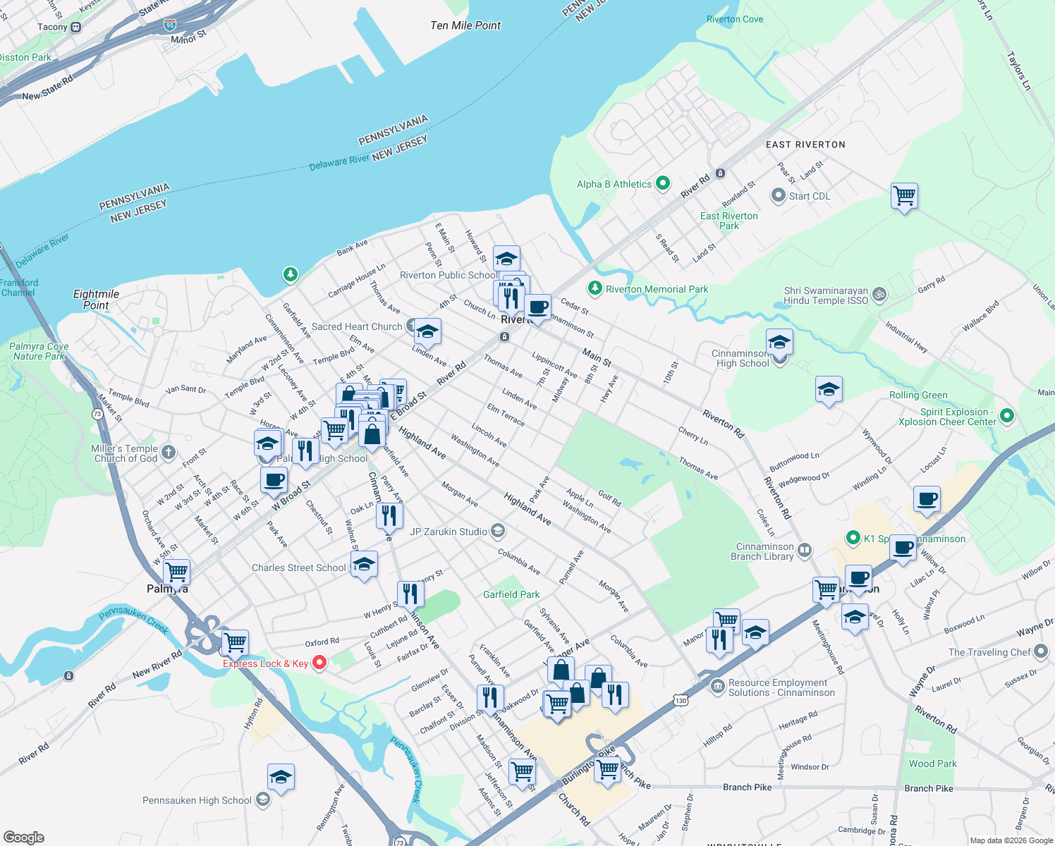 map of restaurants, bars, coffee shops, grocery stores, and more near 101 7th Street in Riverton