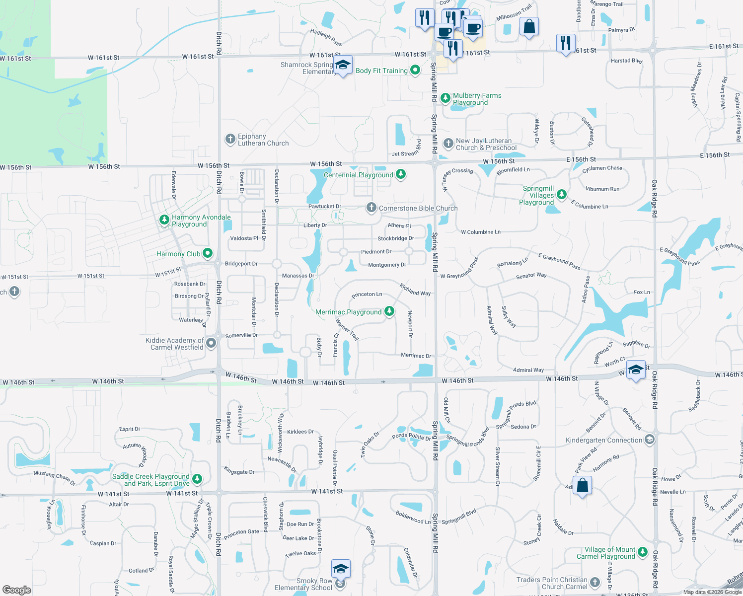 map of restaurants, bars, coffee shops, grocery stores, and more near 689 Princeton Lane in Westfield