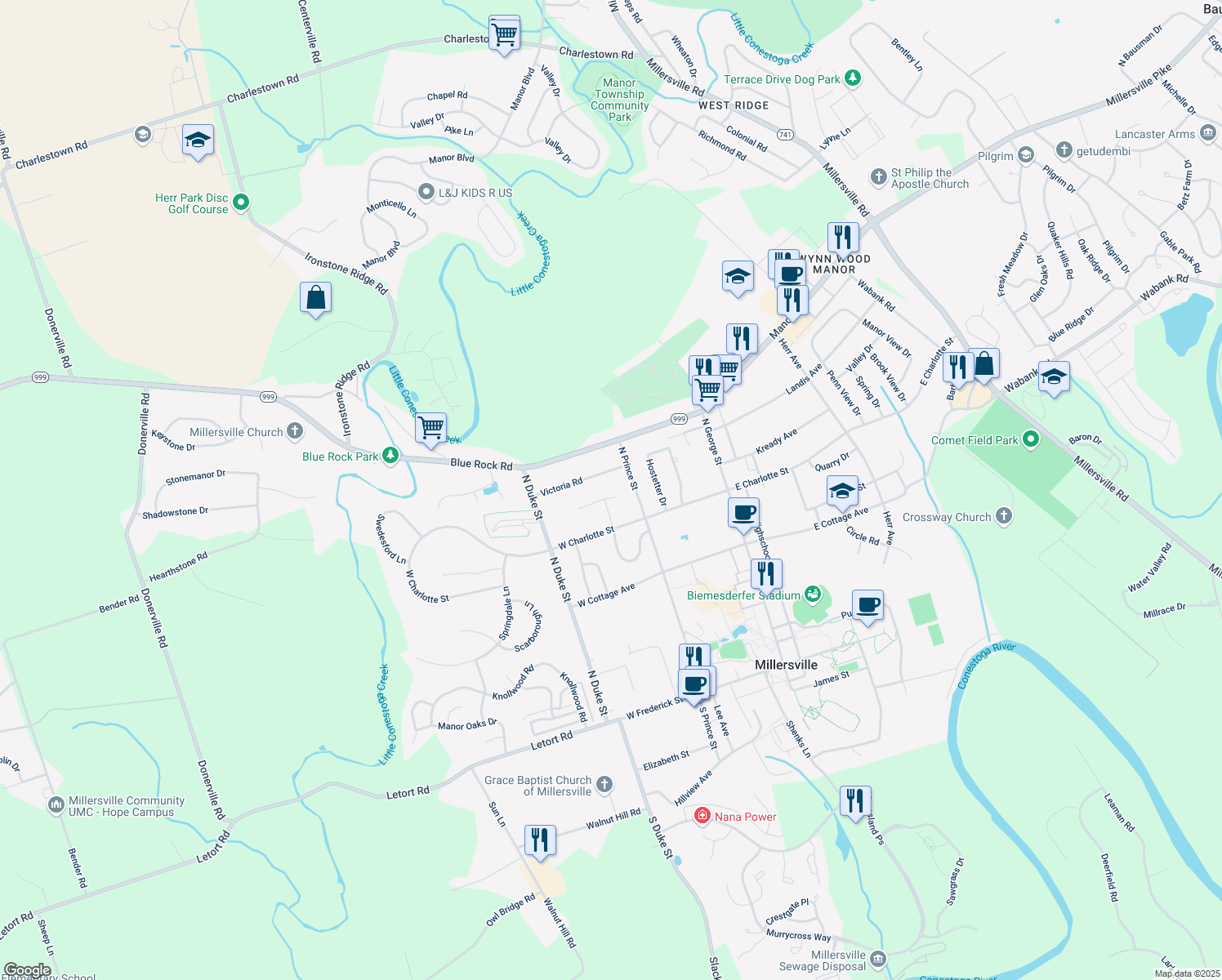 map of restaurants, bars, coffee shops, grocery stores, and more near 26 Kendes Road in Millersville