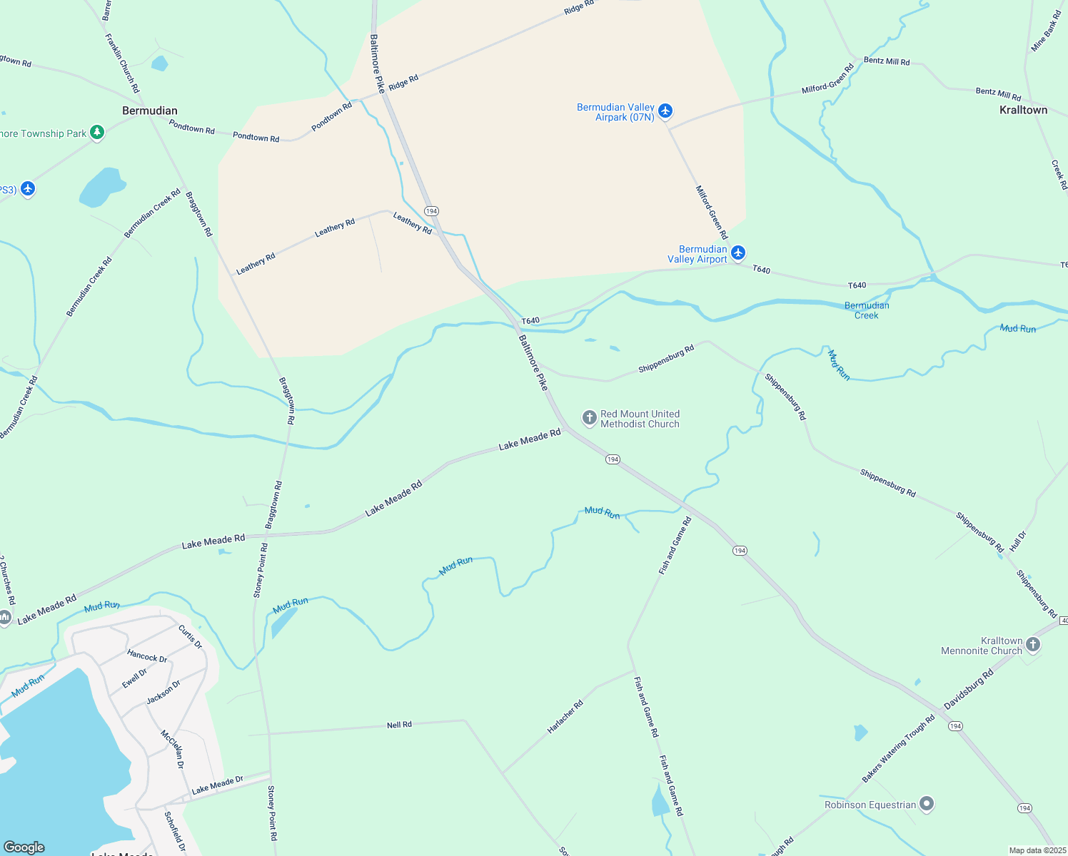 map of restaurants, bars, coffee shops, grocery stores, and more near 3217 Lake Meade Road in East Berlin