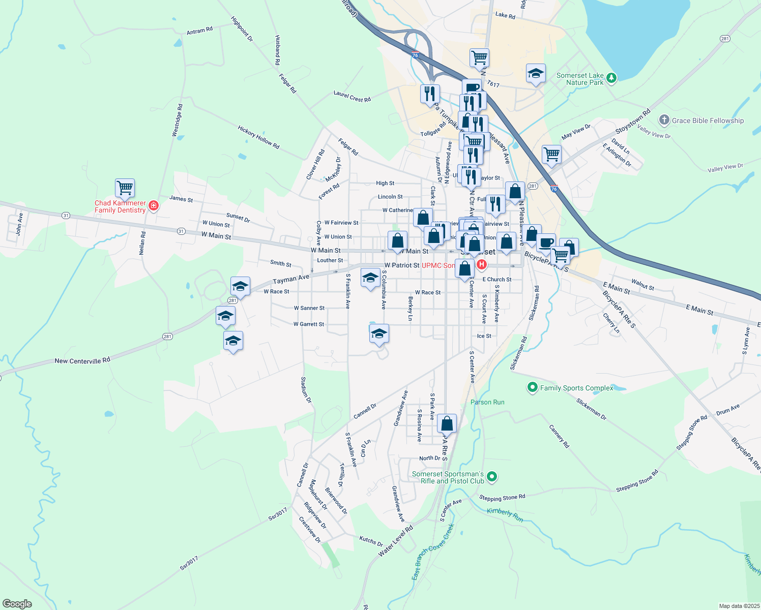 map of restaurants, bars, coffee shops, grocery stores, and more near 442 S Columbia Ave in Somerset