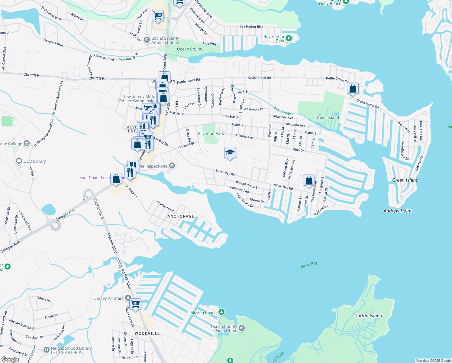 map of restaurants, bars, coffee shops, grocery stores, and more near 143 Walnut Creek Ln in Toms River