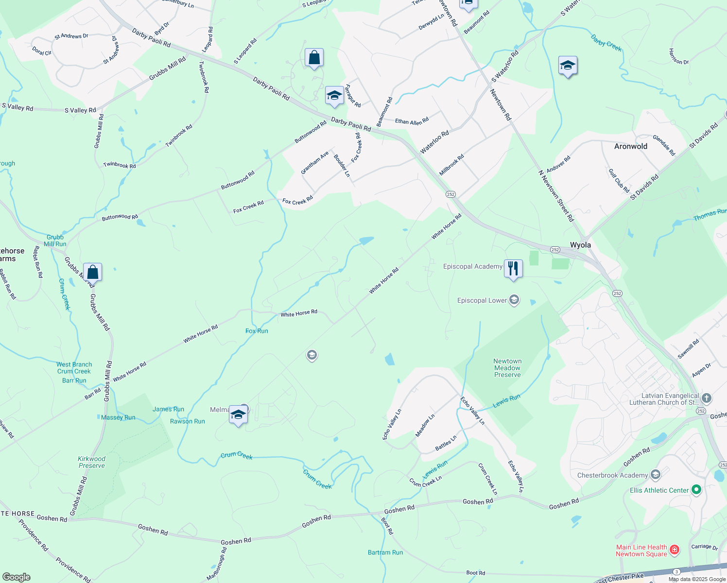 map of restaurants, bars, coffee shops, grocery stores, and more near 2305 White Horse Road in Berwyn