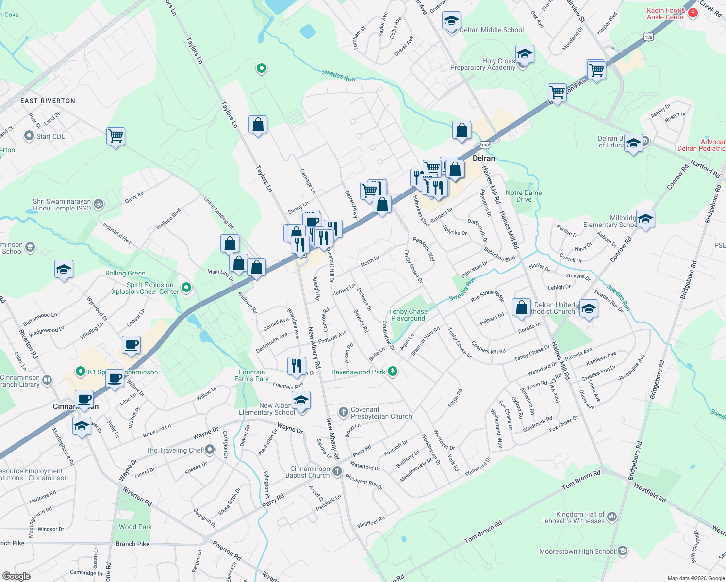 map of restaurants, bars, coffee shops, grocery stores, and more near 212 Dickens Drive in Delran
