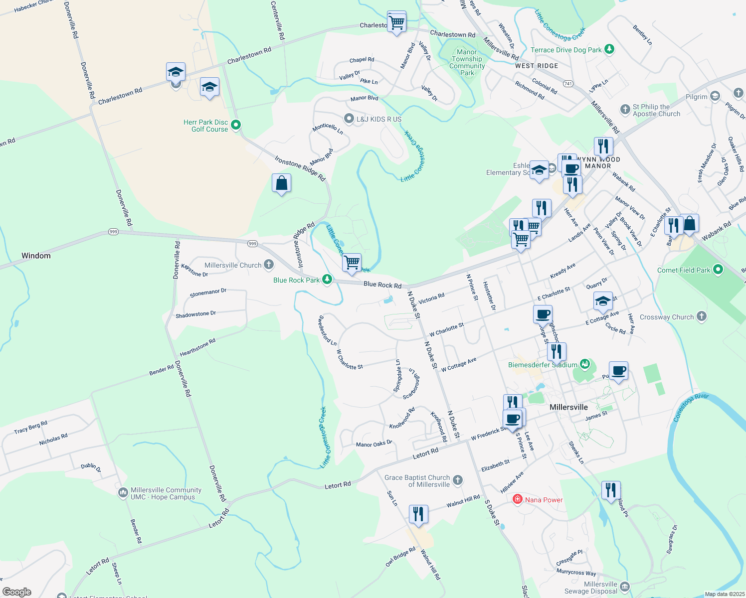 map of restaurants, bars, coffee shops, grocery stores, and more near 17 Sunrise Terrace in Millersville