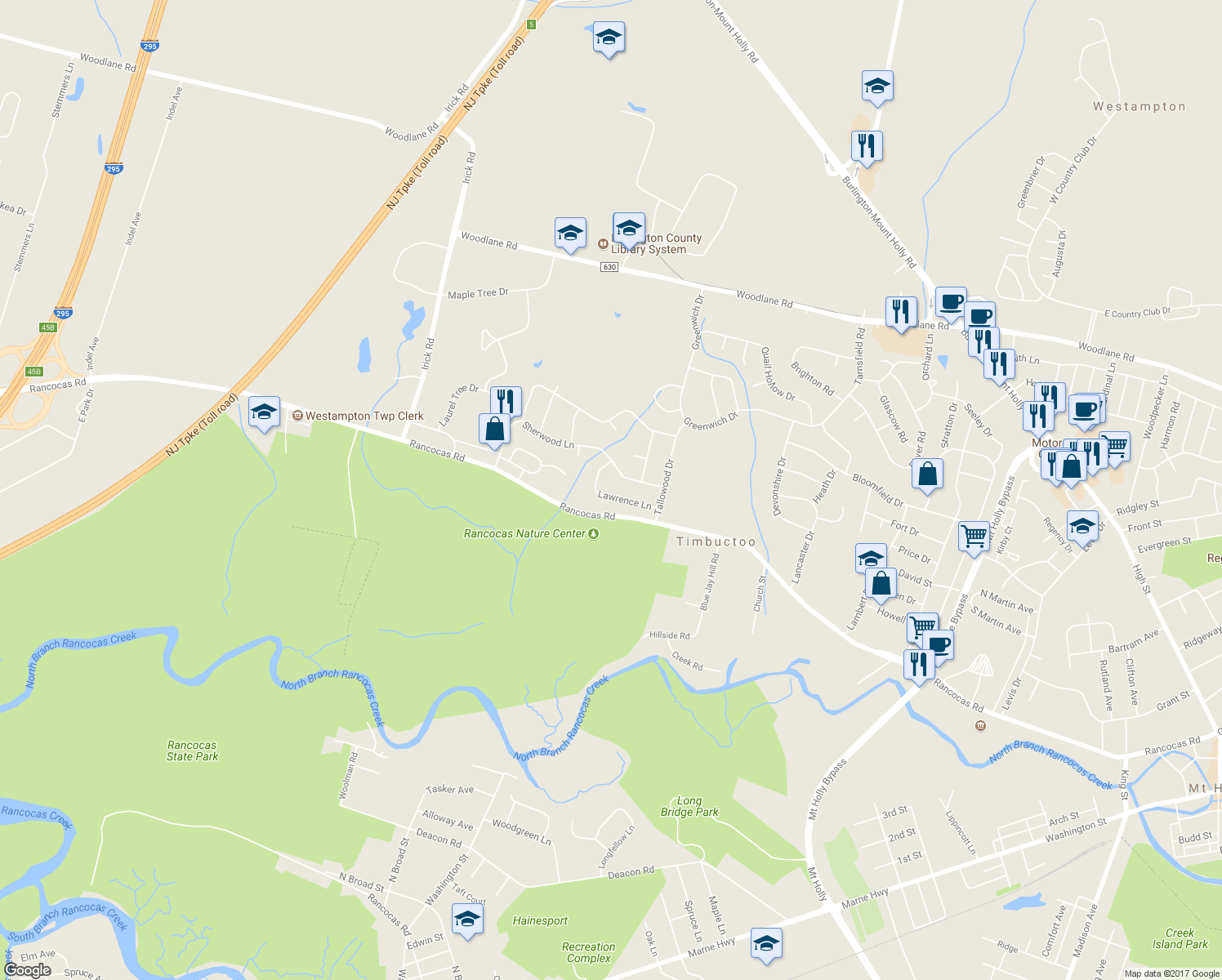 map of restaurants, bars, coffee shops, grocery stores, and more near 18 Lawrence Lane in Westampton