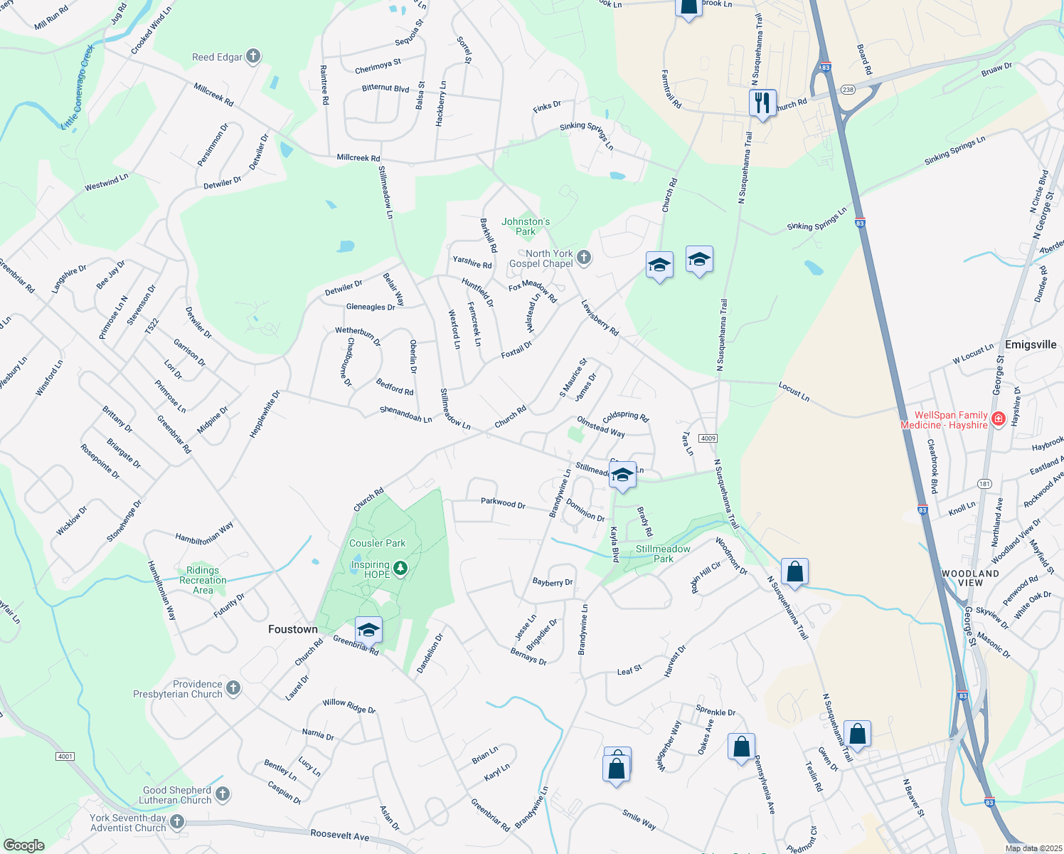 map of restaurants, bars, coffee shops, grocery stores, and more near 725 Penn State Dr in York