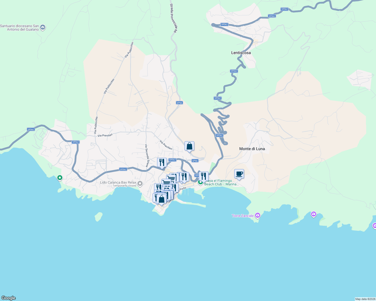 map of restaurants, bars, coffee shops, grocery stores, and more near 146 Via Bolivar in Marina di Camerota
