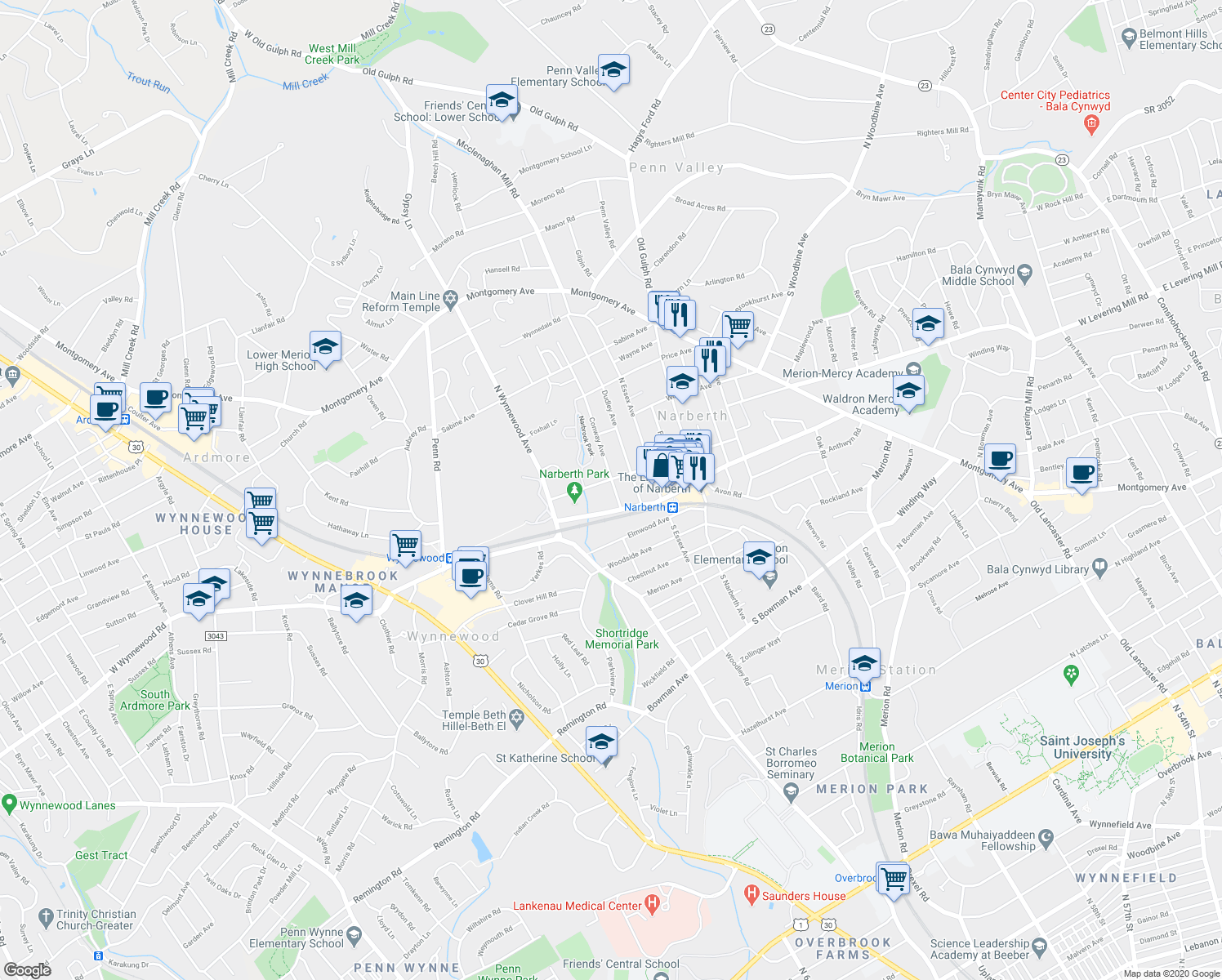 map of restaurants, bars, coffee shops, grocery stores, and more near 122 Conway Avenue in Narberth